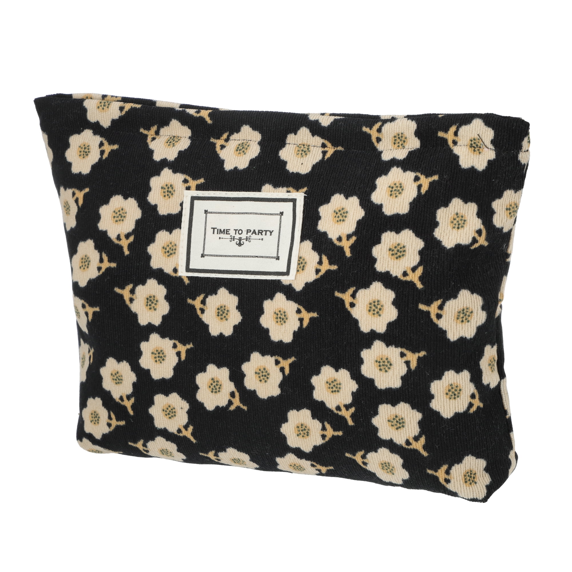 Unique Bargains Flower Cosmetic Bags Corduroy Floral Makeup Bags Pouches with Zipper Black