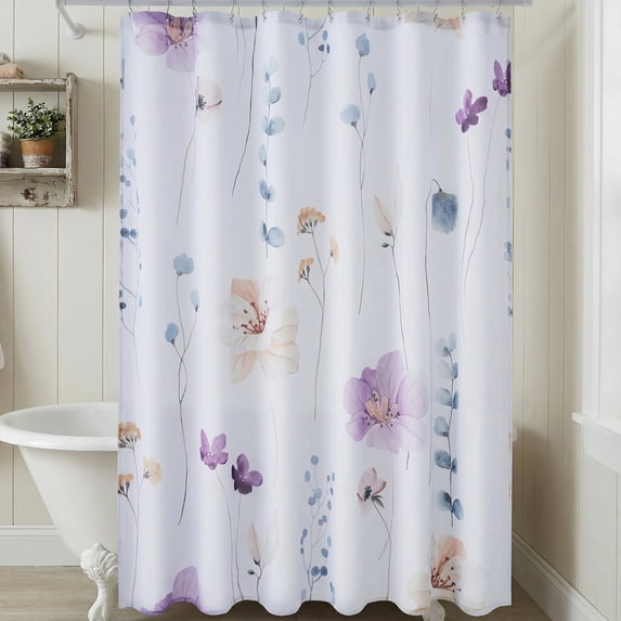 Unique Bargains Flower Print Waterproof Bath Curtain Sets Purple 71"W x 71"L