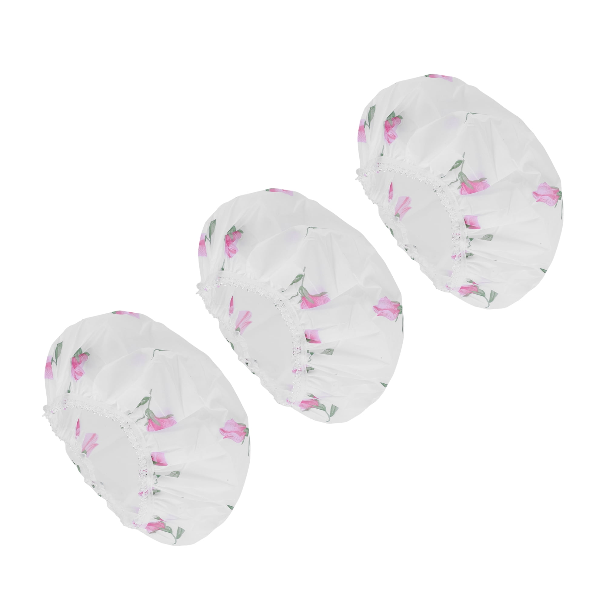 Unique Bargains Flower Single Layer Shower Cap 3 Pcs White, Pink
