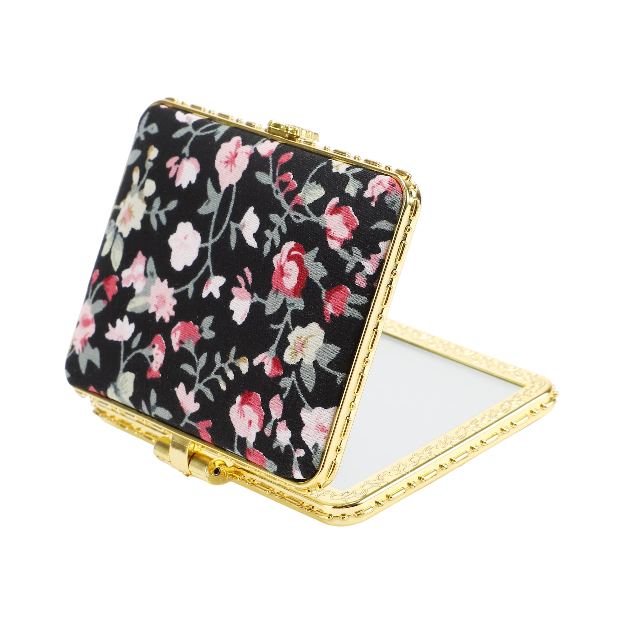 Unique Bargains Flower Square Pocket Mirror Black