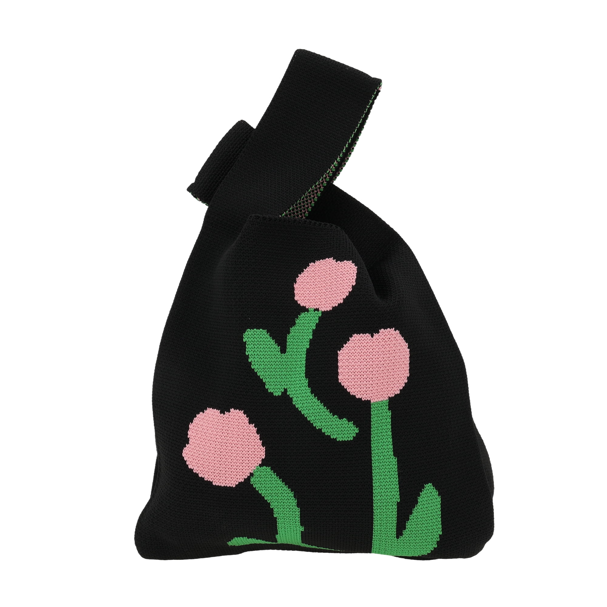 Unique Bargains Flowers Knitted Wrist Bag Black 1 Pc