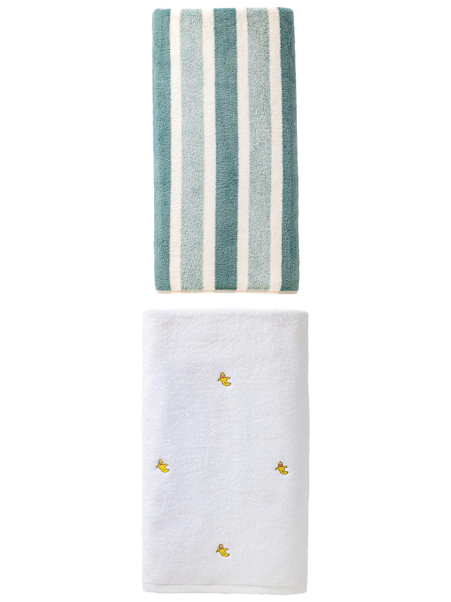 Unique Bargains Fluffy Banana Pattern Bath Towel 2 Pack White/Green 55" x 28"/71" x 35"
