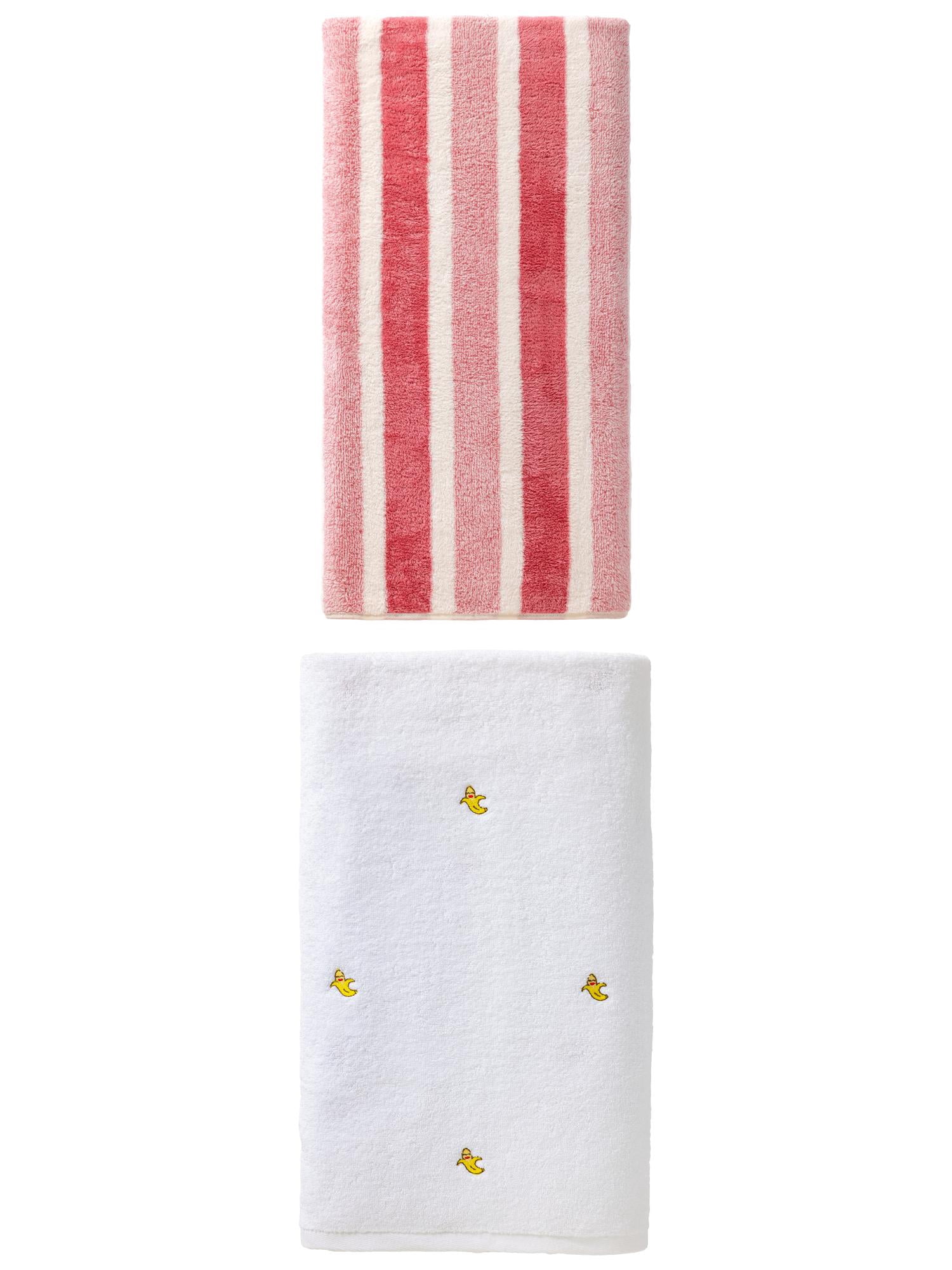 Unique Bargains Fluffy Banana Pattern Bath Towel 2 Pack White/Pink 55" x 28"/71" x 35"