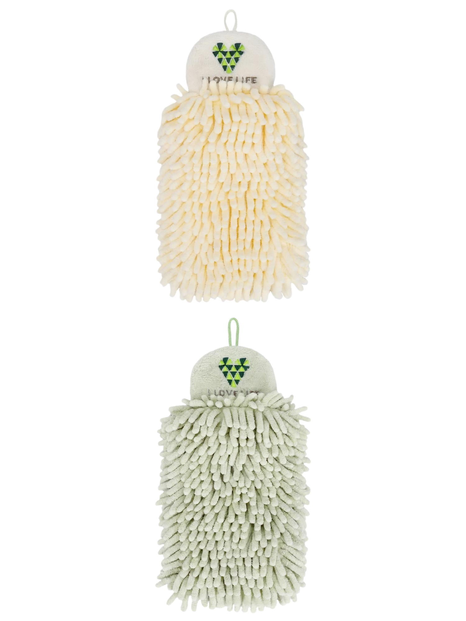 Unique Bargains Fluffy Chenille Hanging Hand Towel Absorbent Towel Green/Yellow 10" x 4"