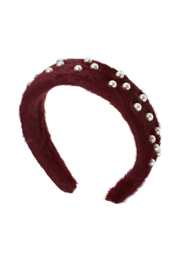 Fluffy Fuzzy Headband Solid Color Hair Band for Women Faux Pearl Hair Bands Fuzzy Hair Hoop Wine Red