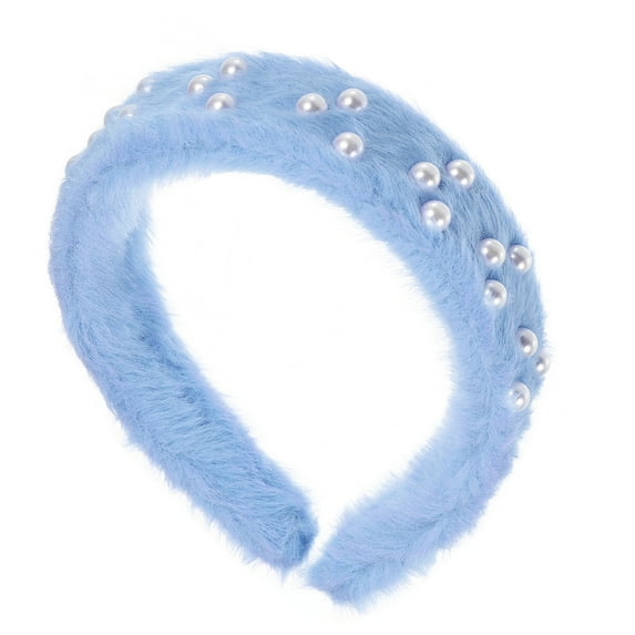 Unique Bargains Fluffy Fuzzy Headband Solid Color Hair Band for Women Faux Pearl Hair Bands Soft Fuzzy Hair Hoop Blue