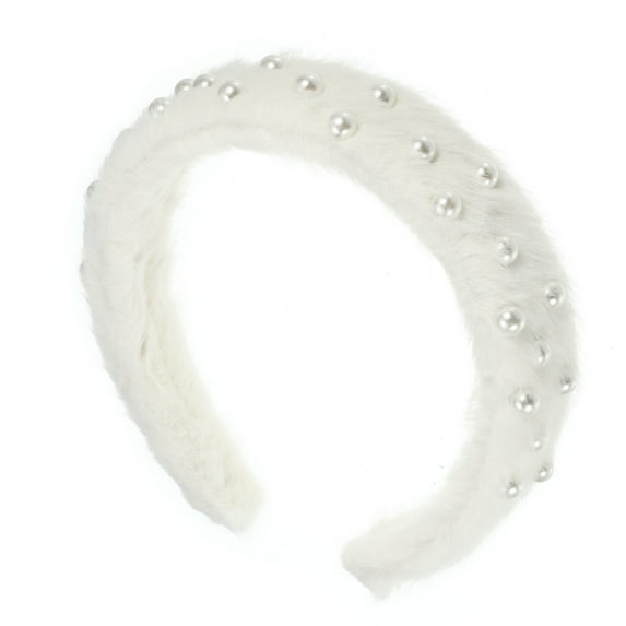 Unique Bargains Fluffy Fuzzy Headband Solid Color Hair Band for Women Faux Pearl Hair Bands Soft Fuzzy Hair Hoop White