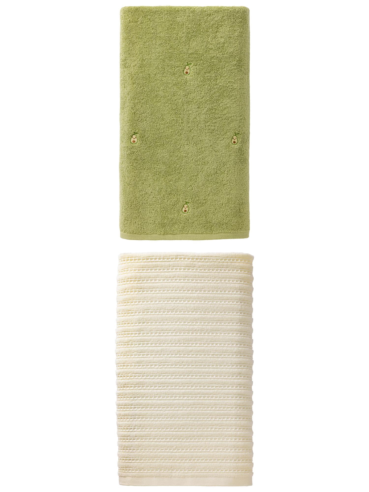 Unique Bargains Fluffy Highly Absorbent Adorable Cotton Bath Towel 2 Pack Avocado Green/White 55" x 28"