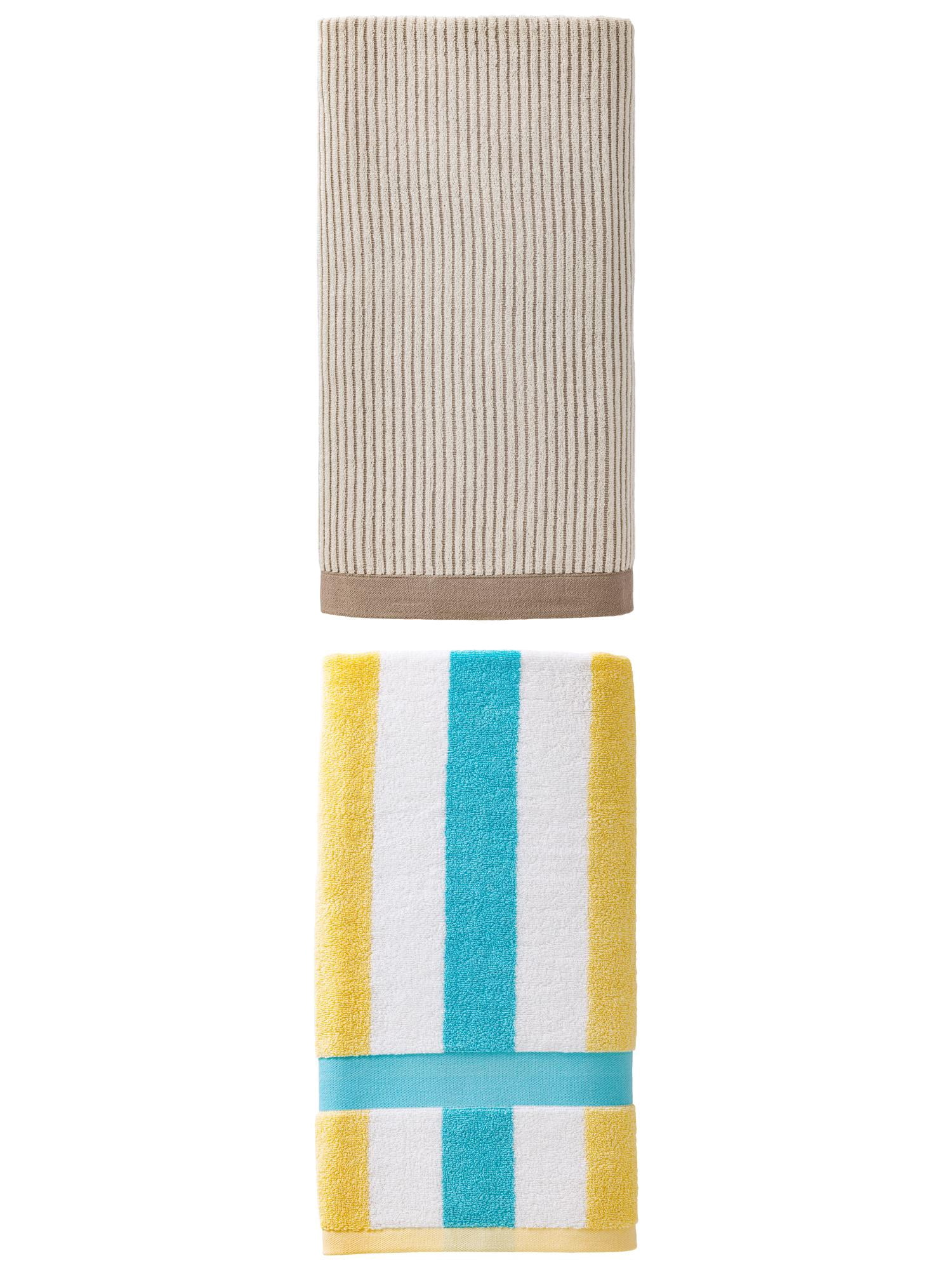Unique Bargains Fluffy Striped Pure Cotton Bath Towel 2 Pack Brown/Lake Blue 55" x 28"