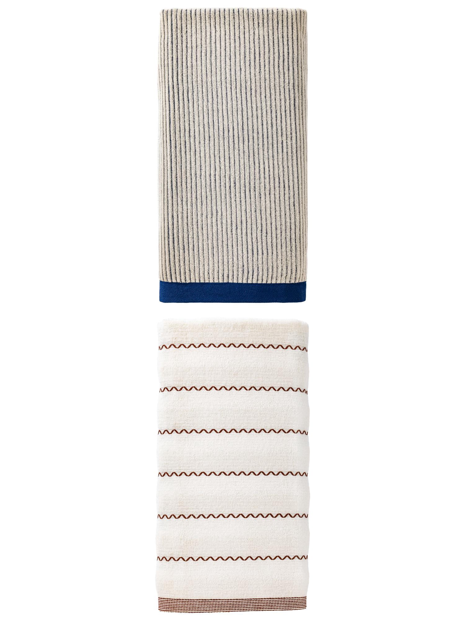 Unique Bargains Fluffy Super Absorbent Natural Cotton Striped Bath Towel 2 Pack Blue/White 55" x 28"