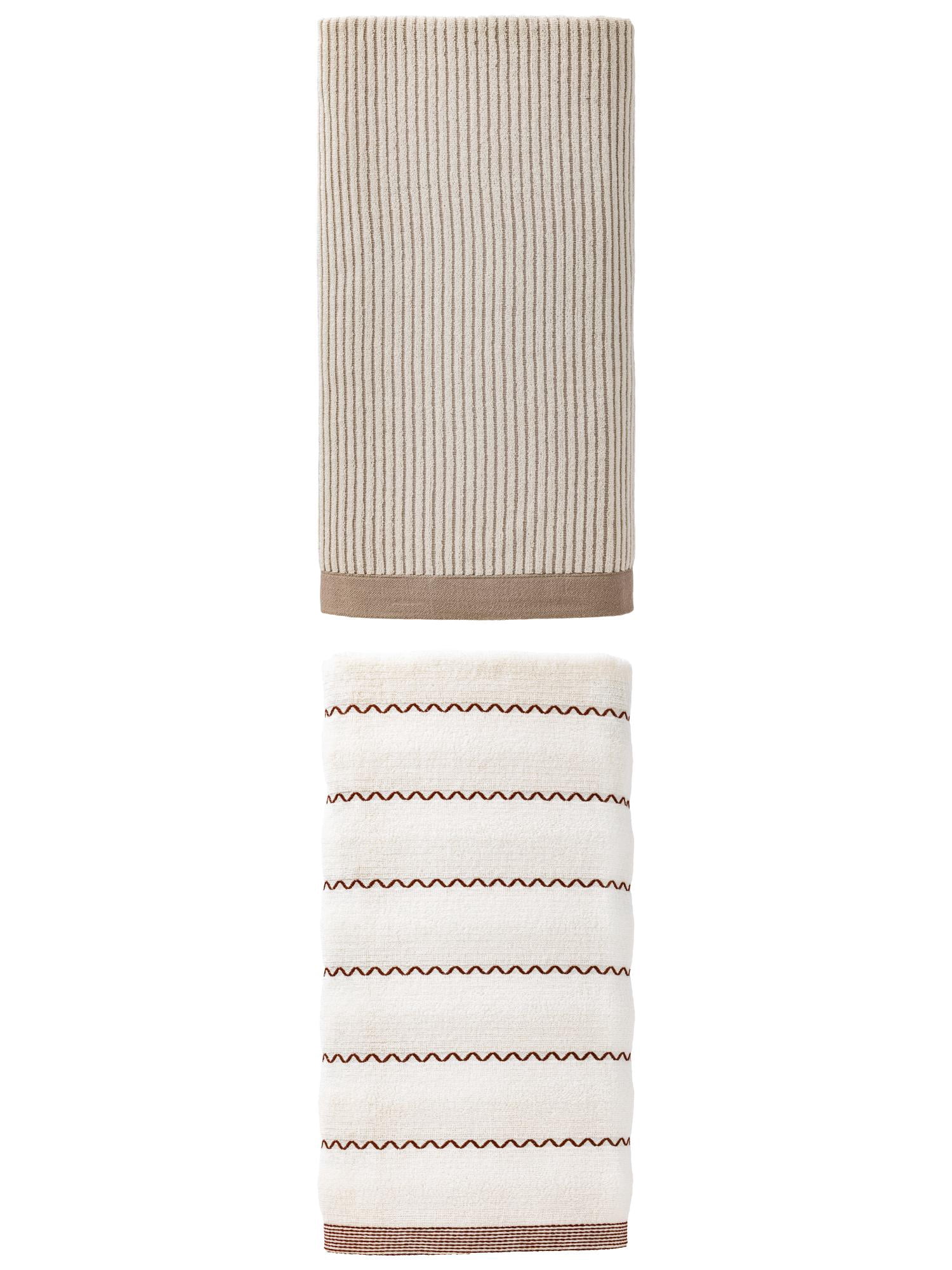Unique Bargains Fluffy Super Absorbent Natural Cotton Striped Bath Towel 2 Pack Brown/White 55" x 28"