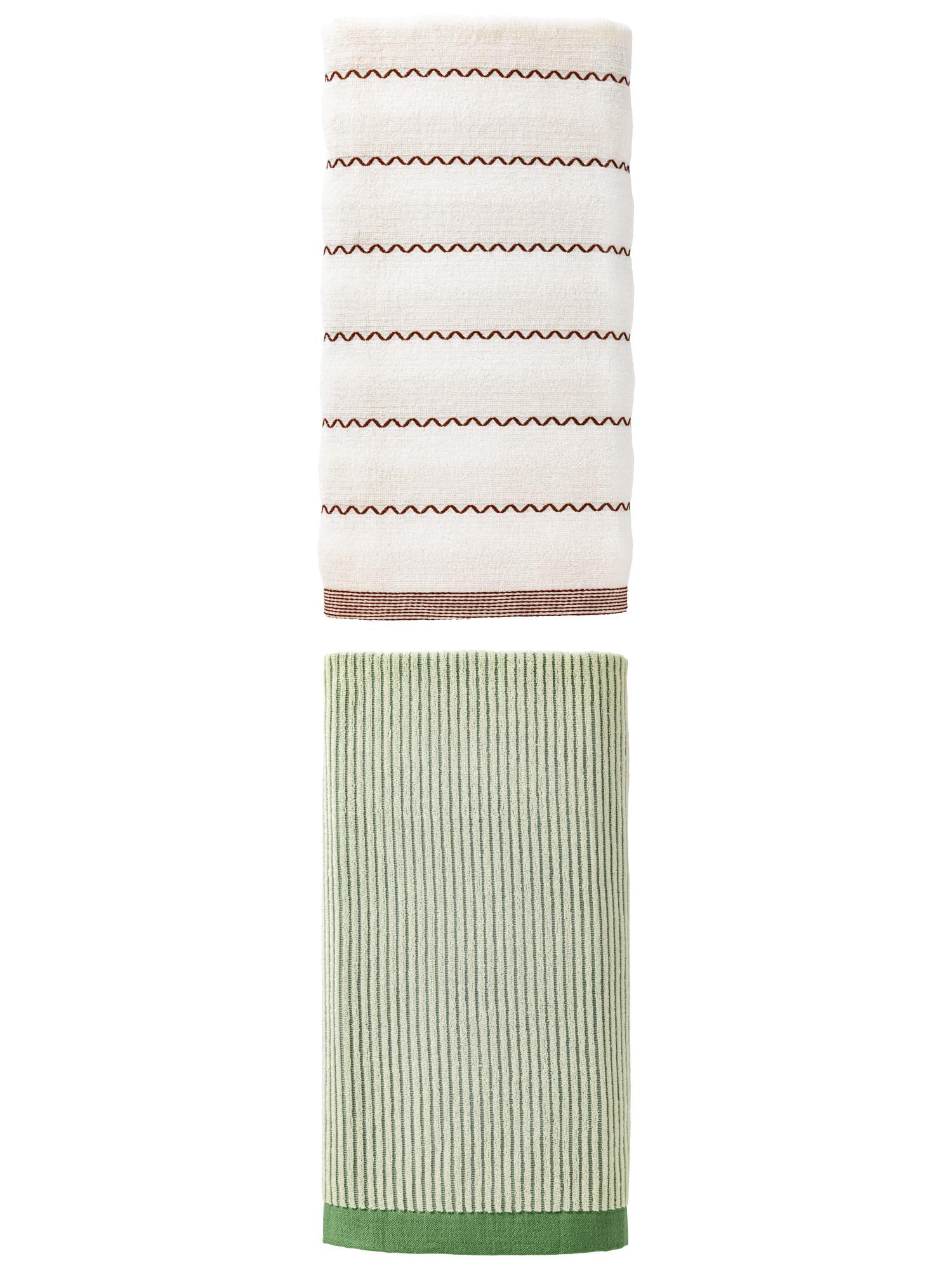 Unique Bargains Fluffy Super Absorbent Natural Cotton Striped Bath Towel 2 Pack Green/White 55" x 28"