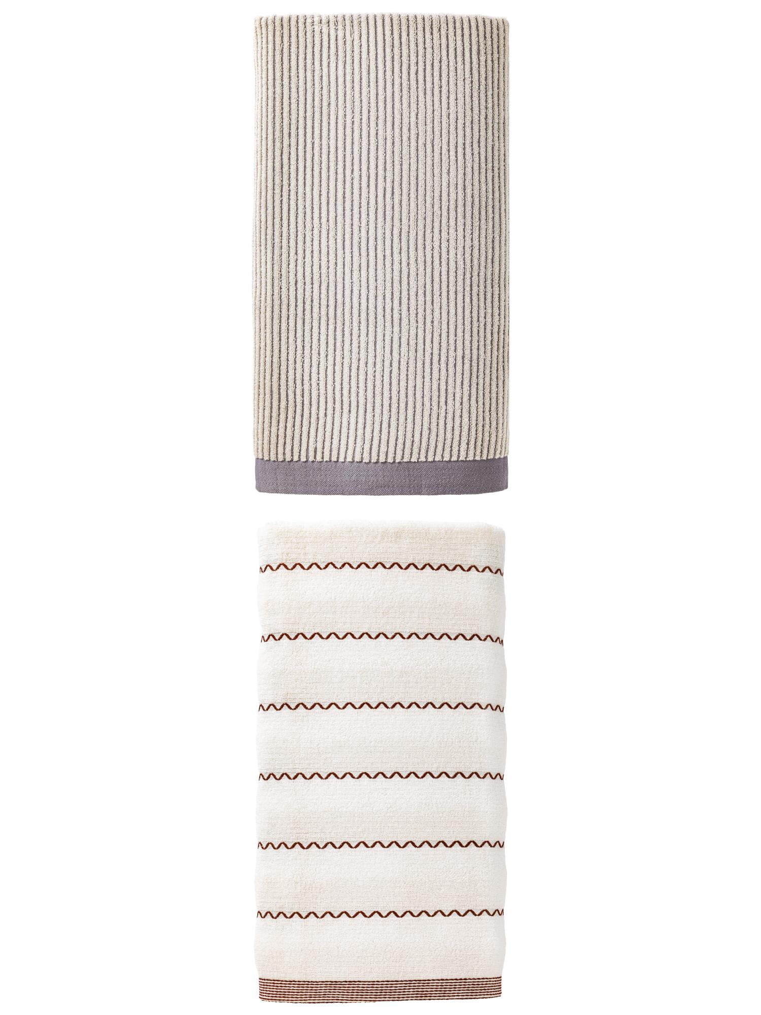 Unique Bargains Fluffy Super Absorbent Natural Cotton Striped Bath Towel 2 Pack Grey/White 55" x 28"