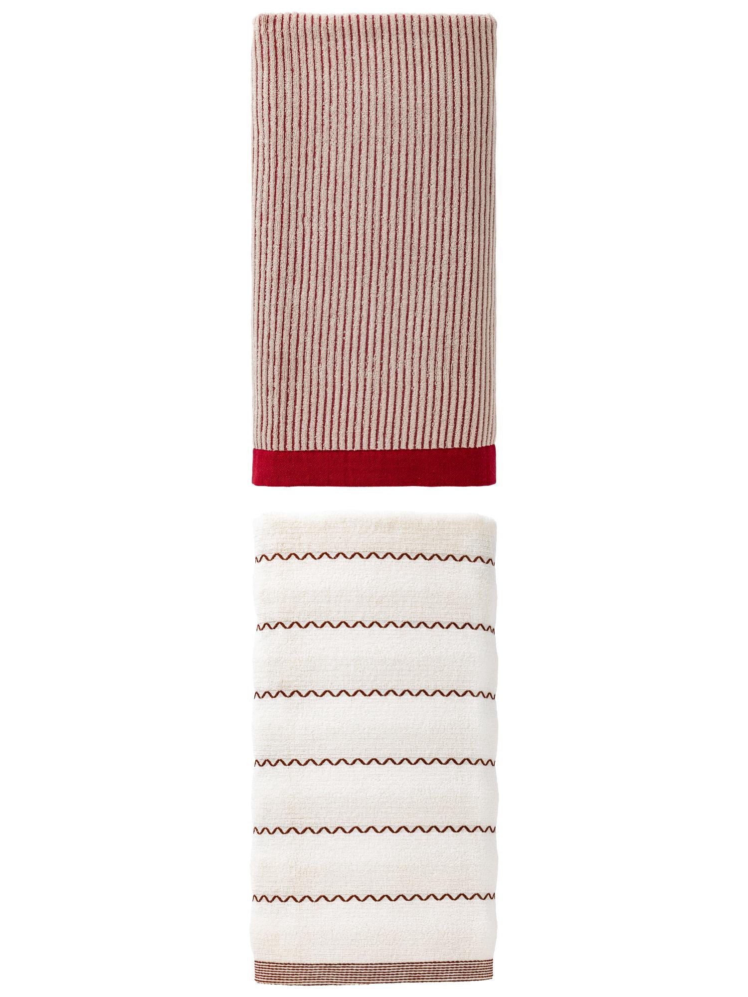 Unique Bargains Fluffy Super Absorbent Natural Cotton Striped Bath Towel 2 Pack Red/White 55" x 28"