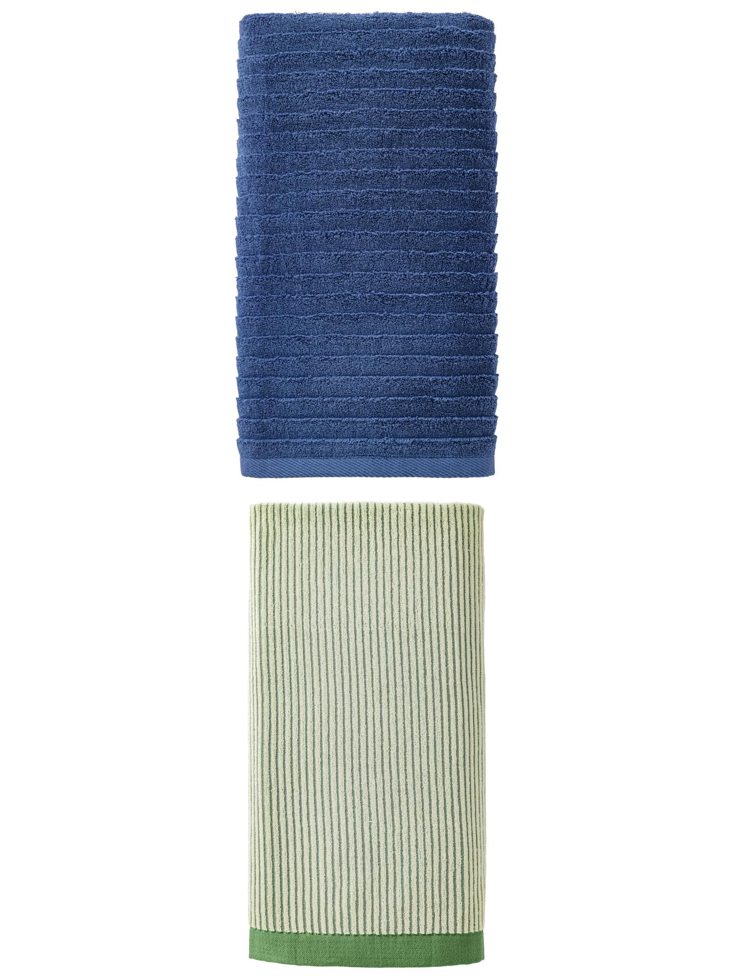 Unique Bargains Fluffy Ultra Absorbent Natural Cotton Bath Towel 2 Pack Green/Dark Blue 55" x 28"