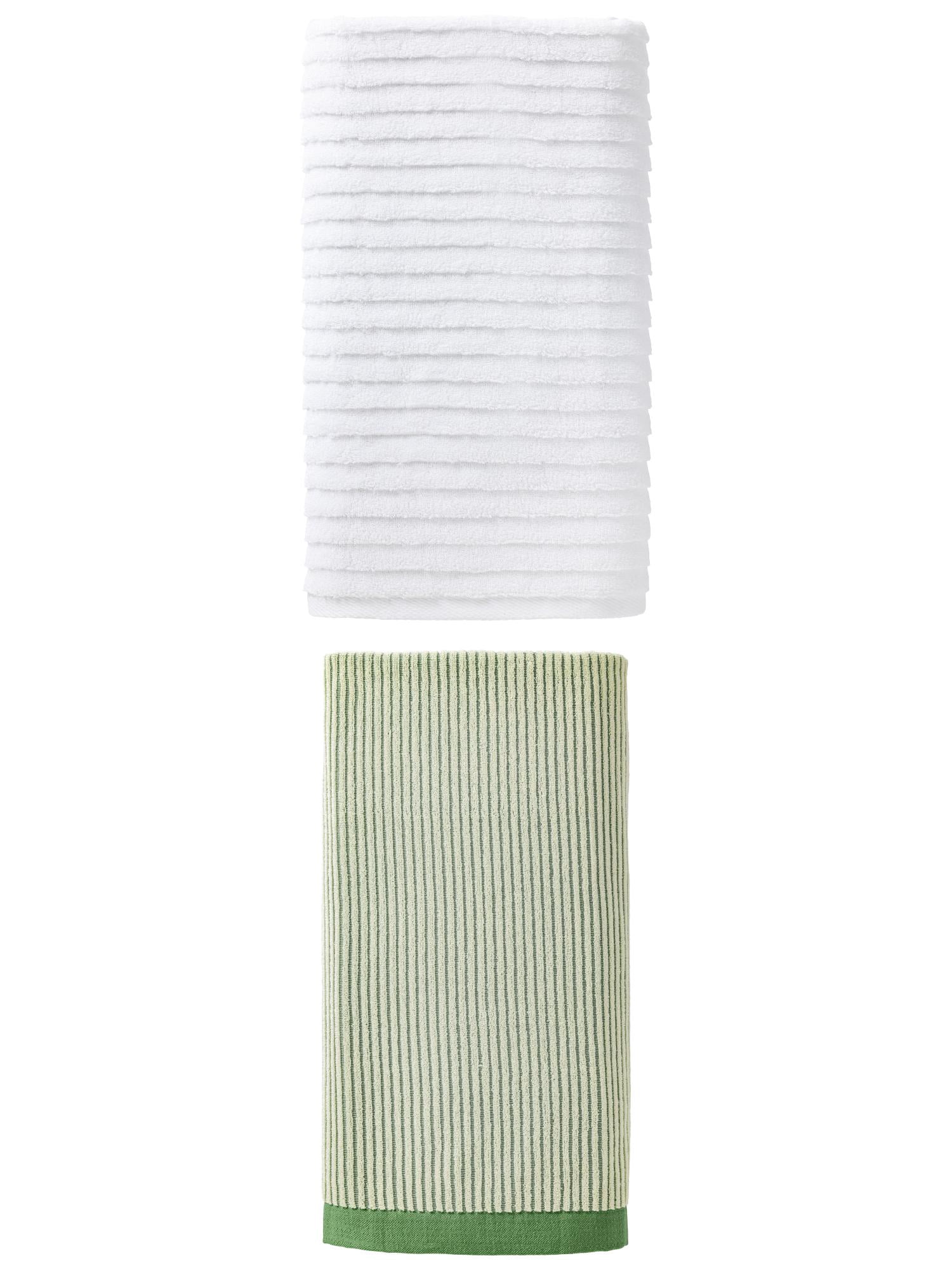 Unique Bargains Fluffy Ultra Absorbent Natural Cotton Bath Towel 2 Pack Green/White 55" x 28"