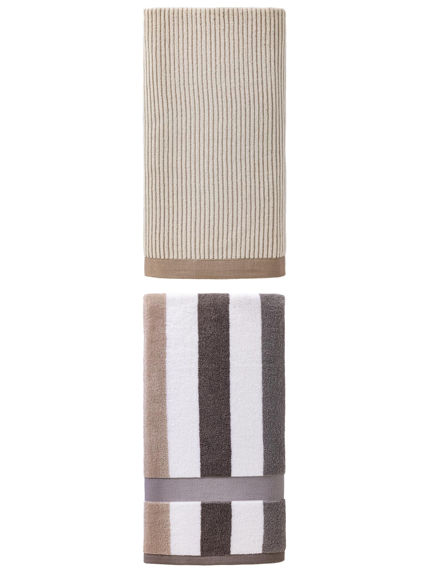 Unique Bargains Fluffy Ultra Absorbent Striped Pure Cotton Bath Towel 2 Pack Brown/Grey 55" x 28"