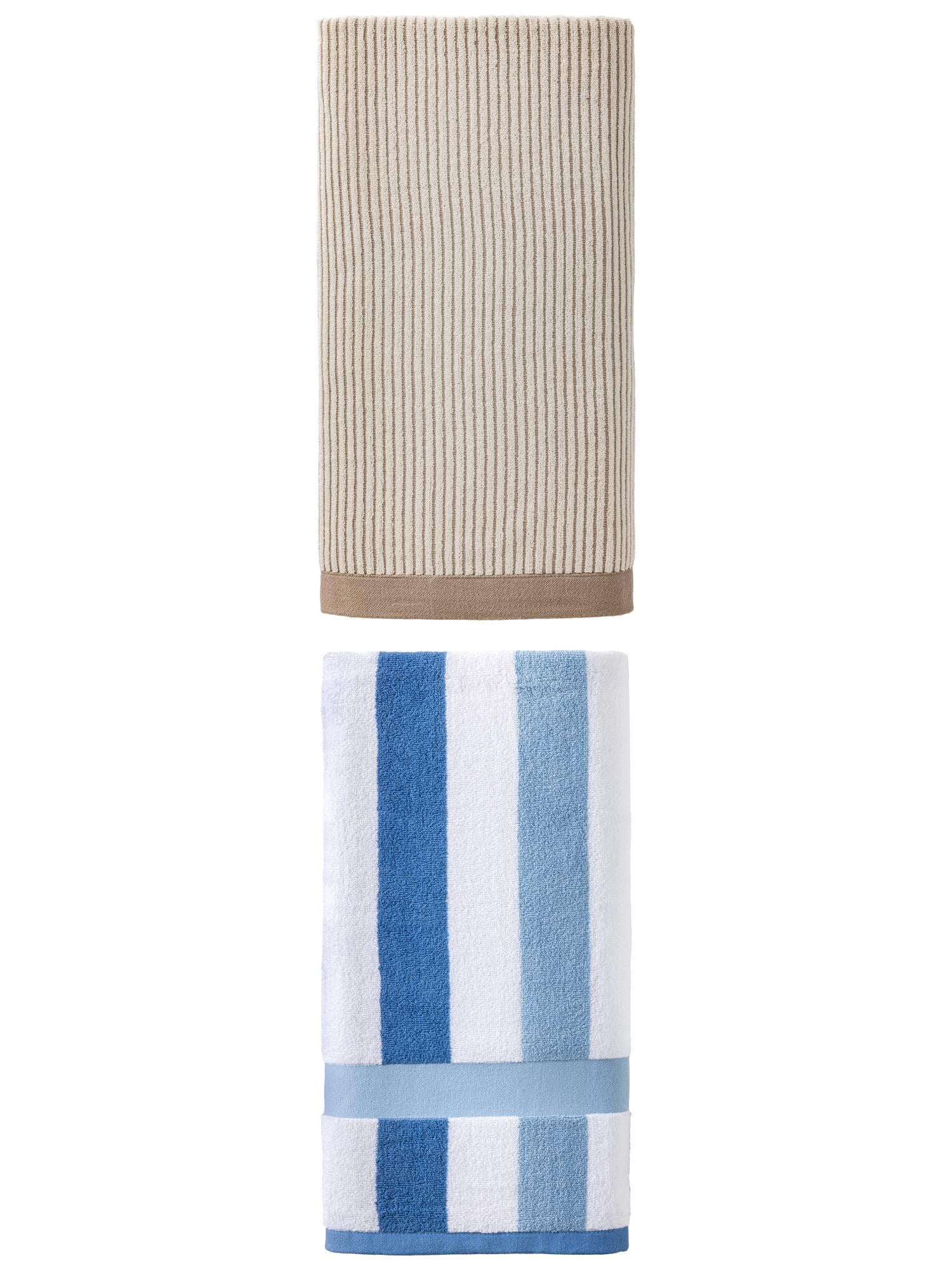 Unique Bargains Fluffy Ultra Absorbent Striped Pure Cotton Bath Towel 2 Pack Brown/Royal Blue 55" x 28"