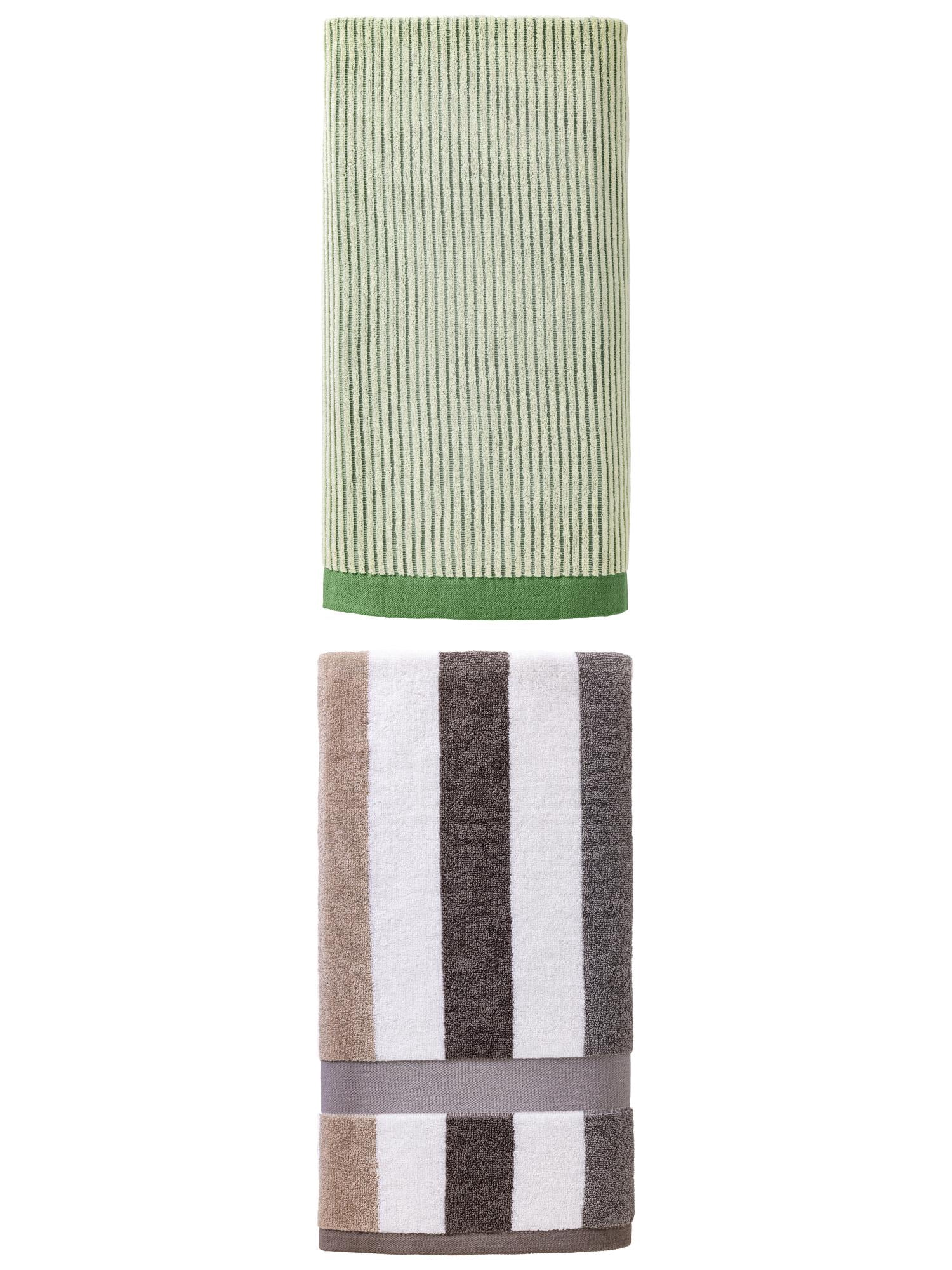 Unique Bargains Fluffy Ultra Absorbent Striped Pure Cotton Bath Towel 2 Pack Green/Grey 55" x 28"