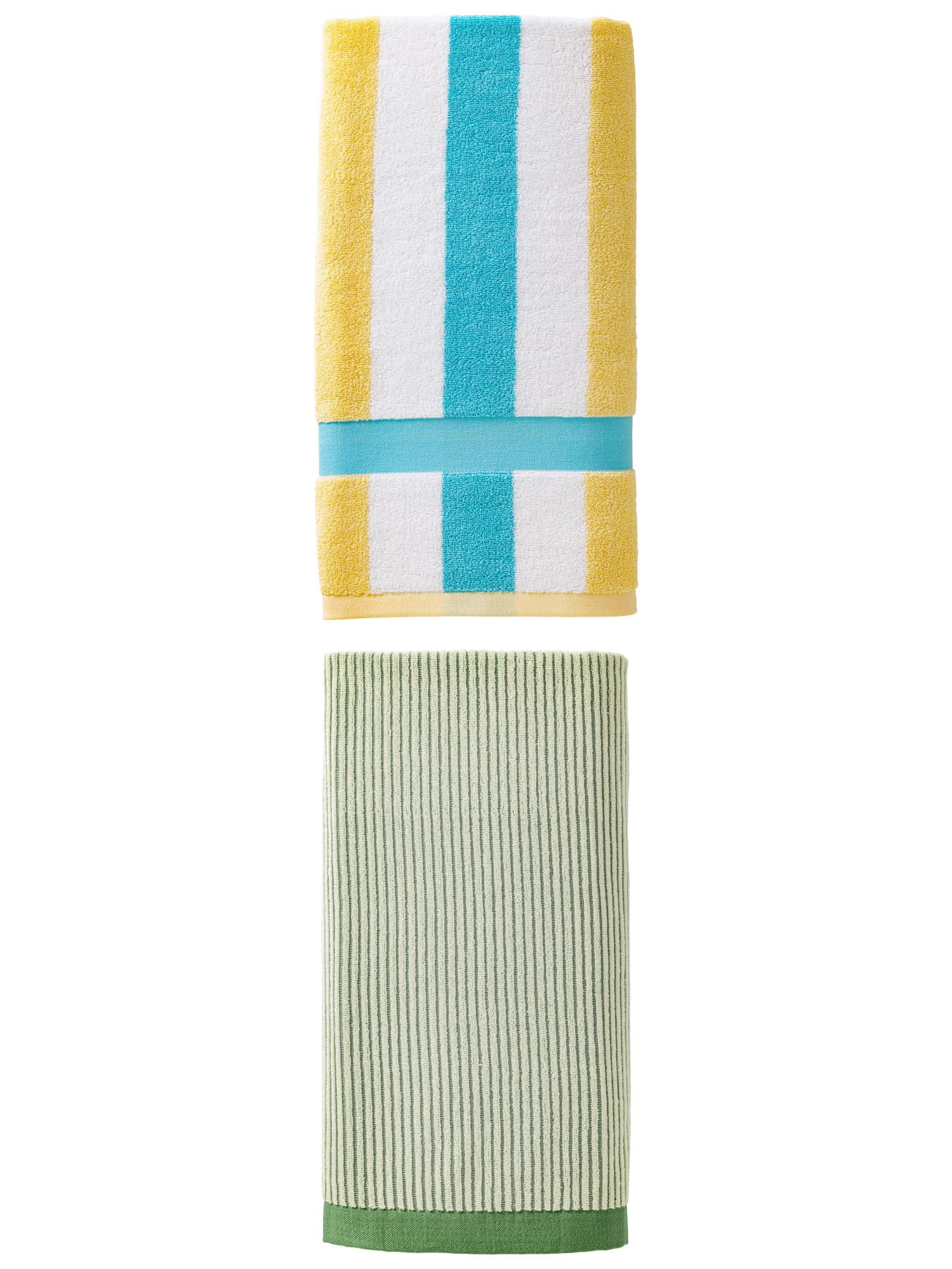 Unique Bargains Fluffy Ultra Absorbent Striped Pure Cotton Bath Towel 2 Pack Green/Lake Blue 55" x 28"