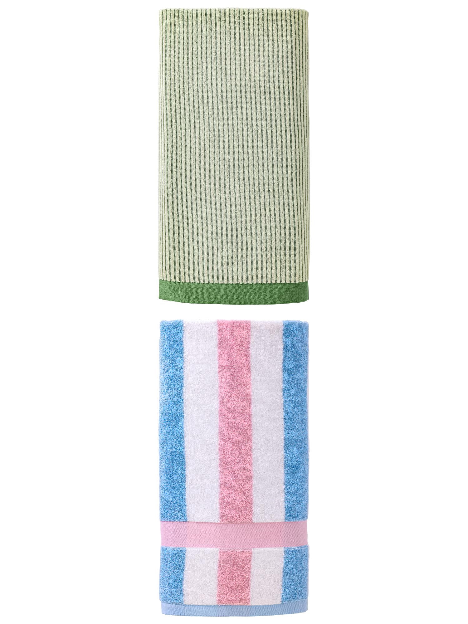 Unique Bargains Fluffy Ultra Absorbent Striped Pure Cotton Bath Towel 2 Pack Green/Pink 55" x 28"