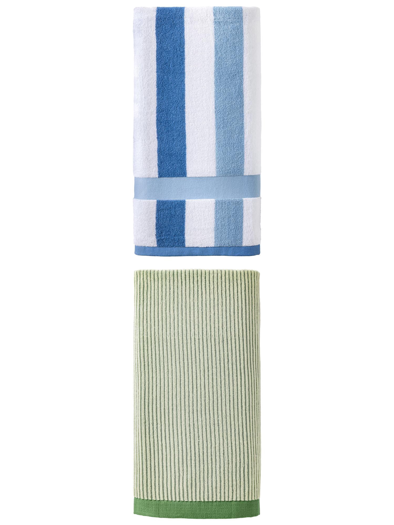 Unique Bargains Fluffy Ultra Absorbent Striped Pure Cotton Bath Towel 2 Pack Green/Royal Blue 55" x 28"