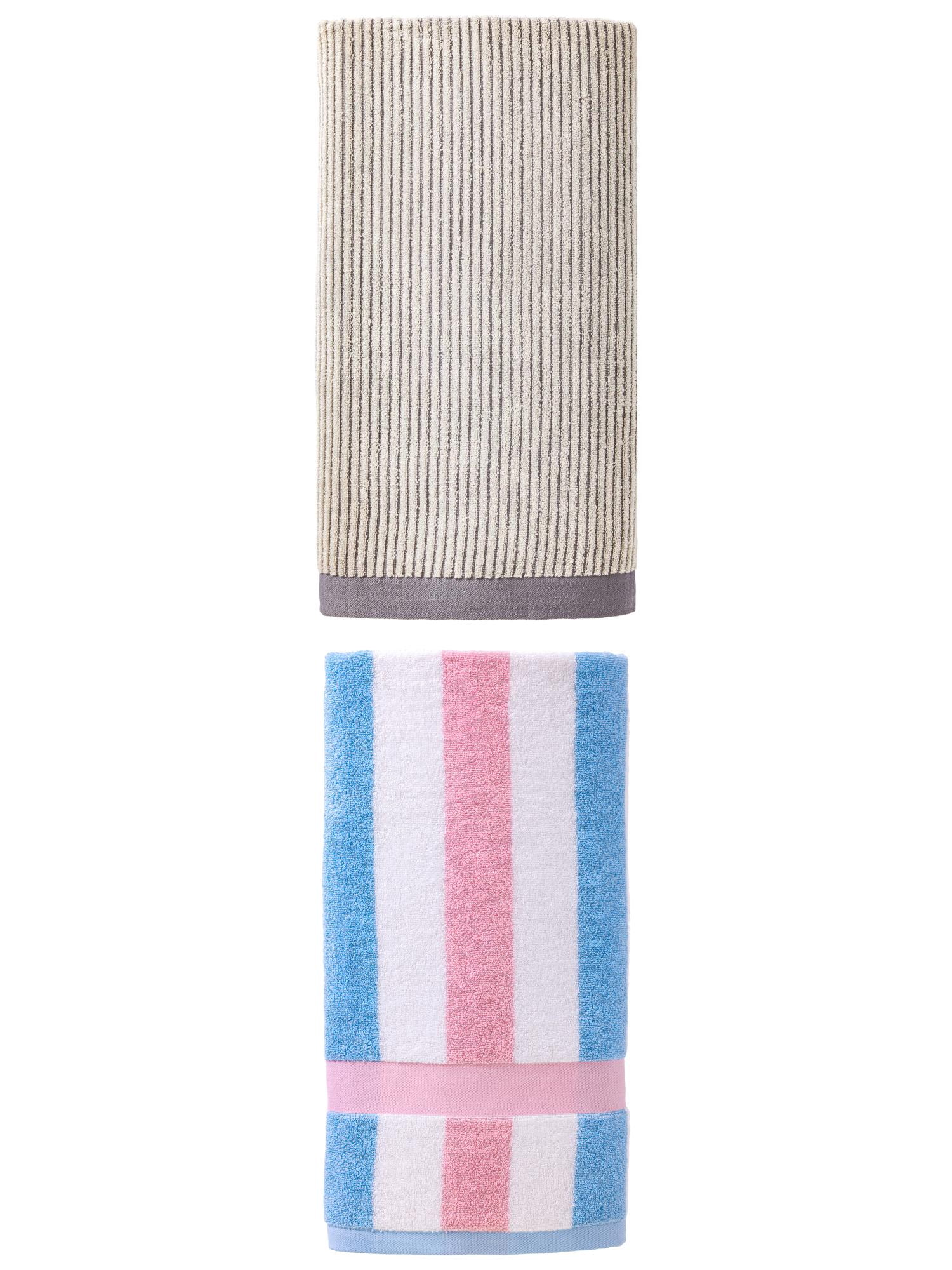 Unique Bargains Fluffy Ultra Absorbent Striped Pure Cotton Bath Towel 2 Pack Grey/Pink 55" x 28"