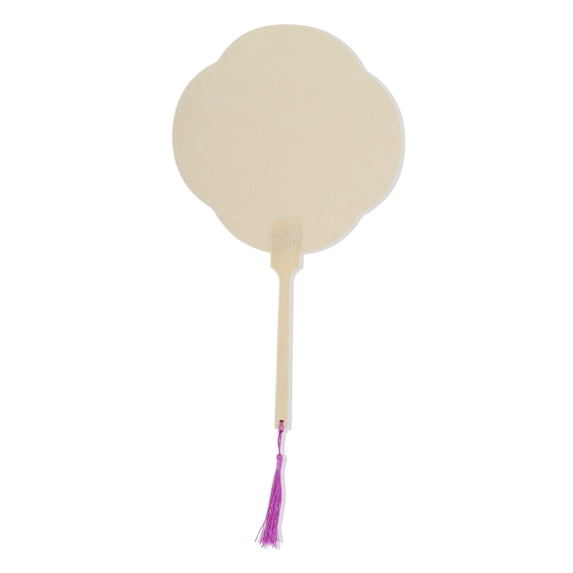 Unique Bargains Folding Fan 1 Pc Beige Long Handle Round Four-Petal