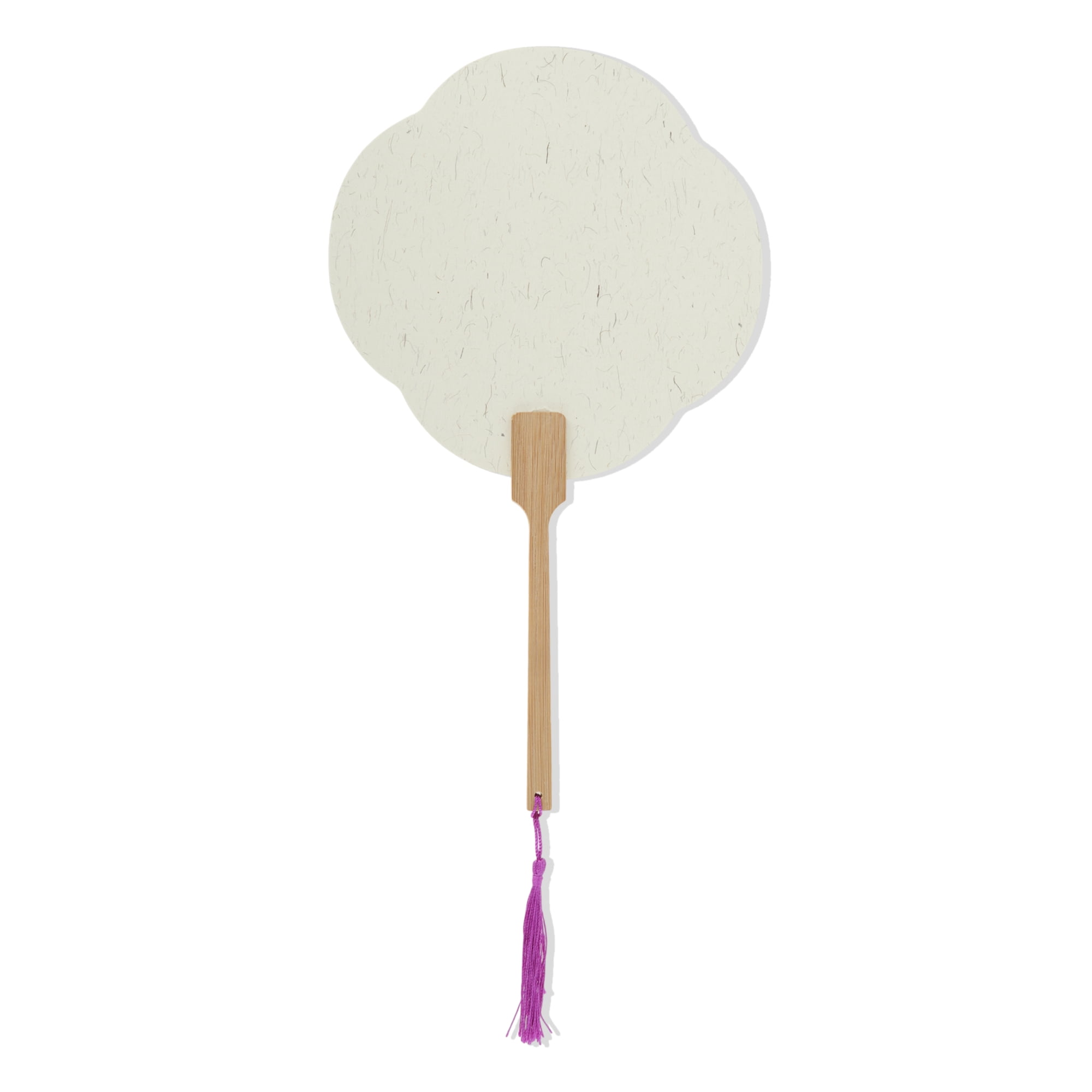 Unique Bargains Folding Fan 1Pc Gray White Long Handle Round Four-Petal Paper