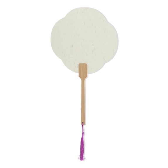 Unique Bargains Folding Fan 1Pc Gray White Long Handle Round Four-Petal Paper