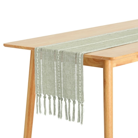 Unique Bargains Fringe Table Runner Hollow Out Table Flags for Daily Decoration Green 13"x72"