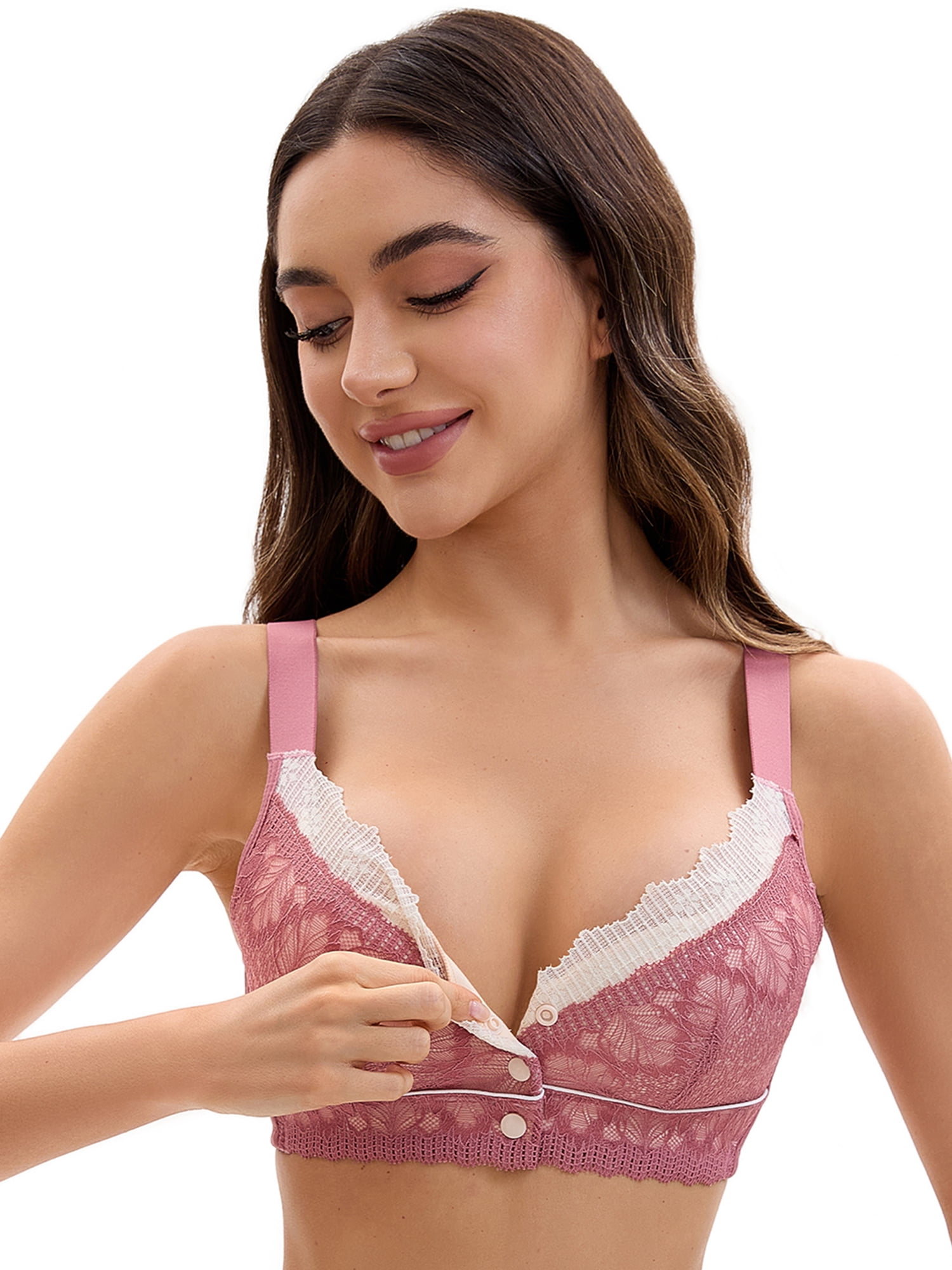 Unique Bargains Front Closure Full Coverage Wirefree Bras L Dusty Pink