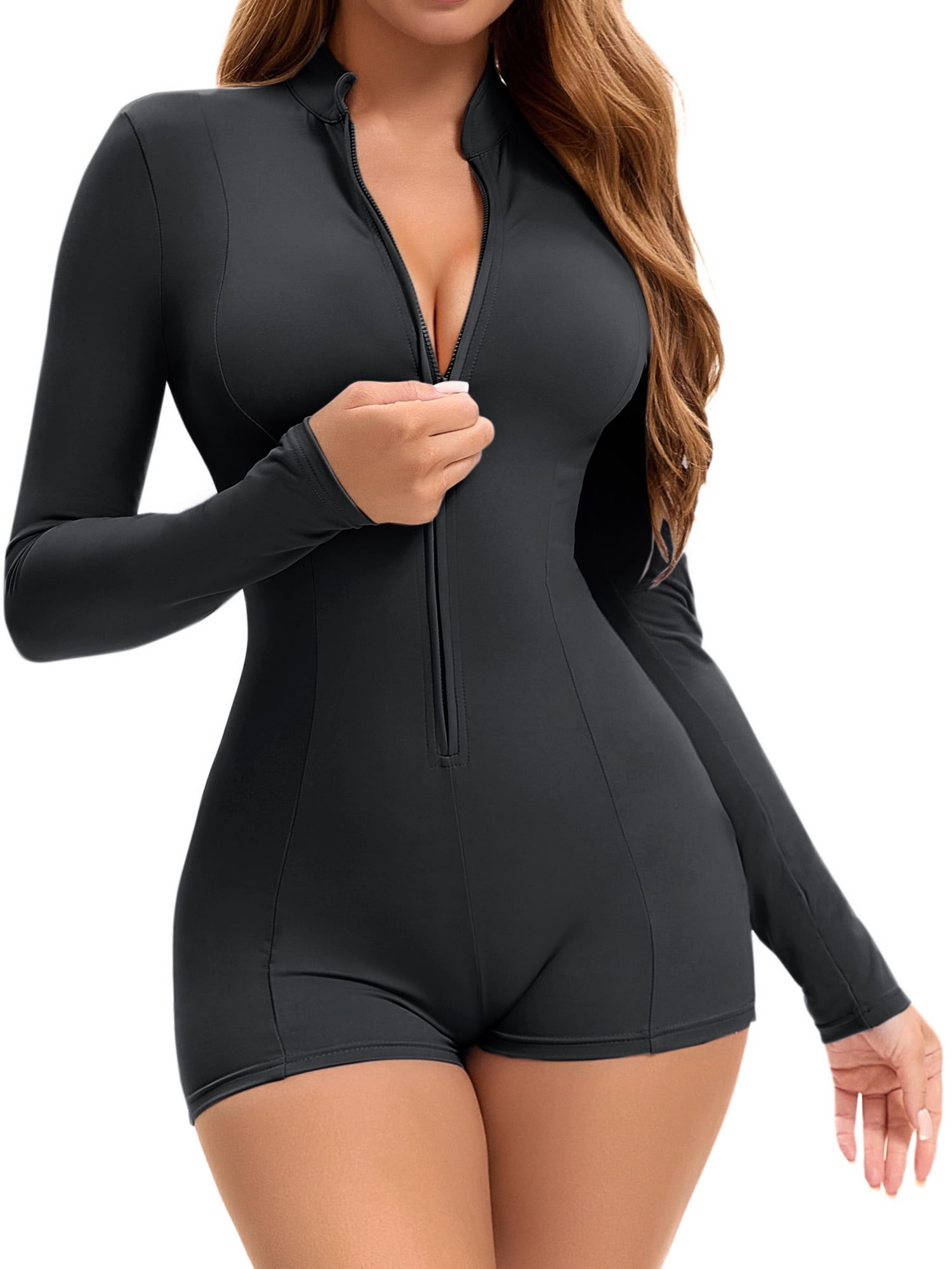 DARING DIVA Front Zip Bodysuit Turtleneck Shapewear Leotard L Black