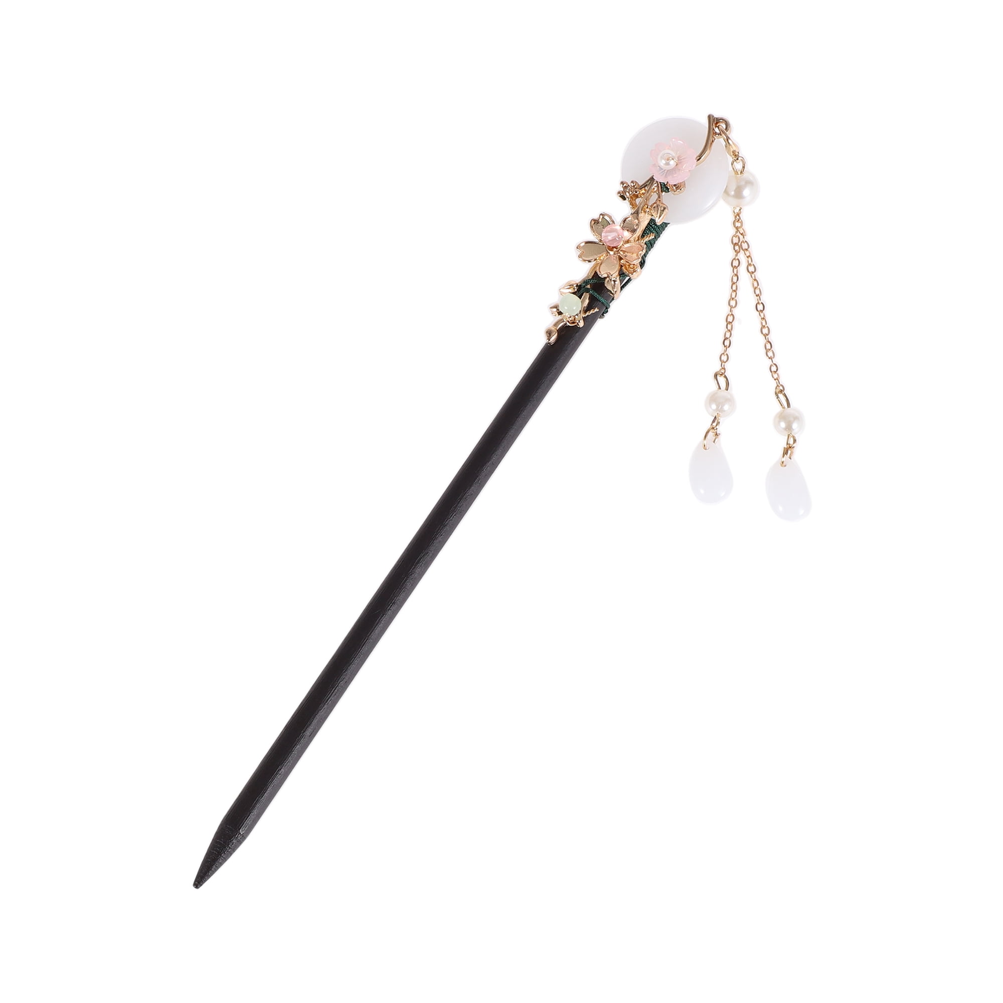 Unique Bargains Gardenia Tassel Hair Chopstick Black White Pink 1 Pc Large Jade buckle