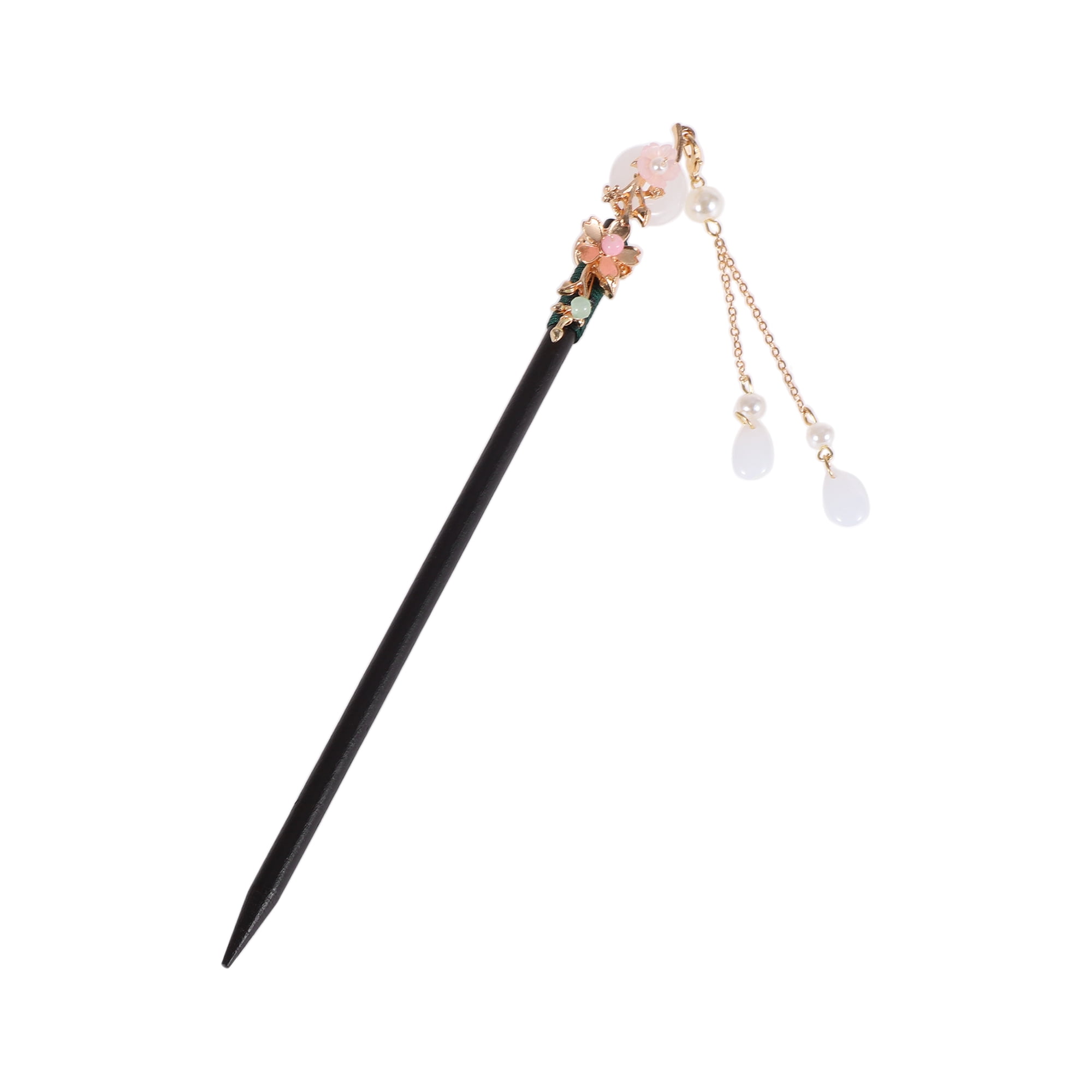 Unique Bargains Gardenia Tassel Hair Chopstick Black White Pink 1 Pc Small Jade buckle