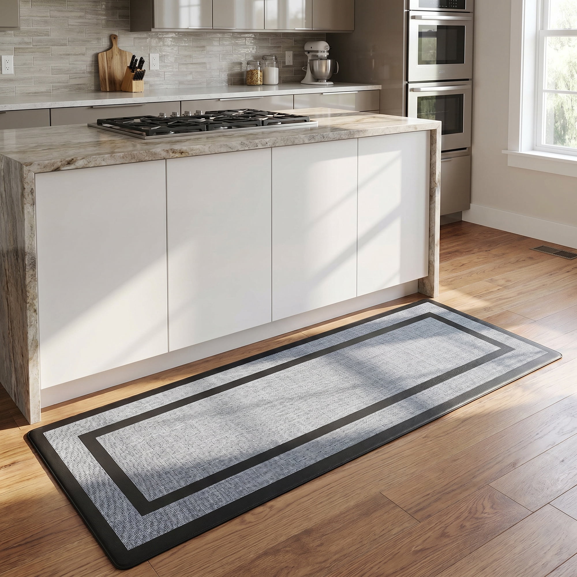 Unique Bargains Geometric Anti Waterproof Oil Resistant Non Slip Floor Rug Black 47" x 18"