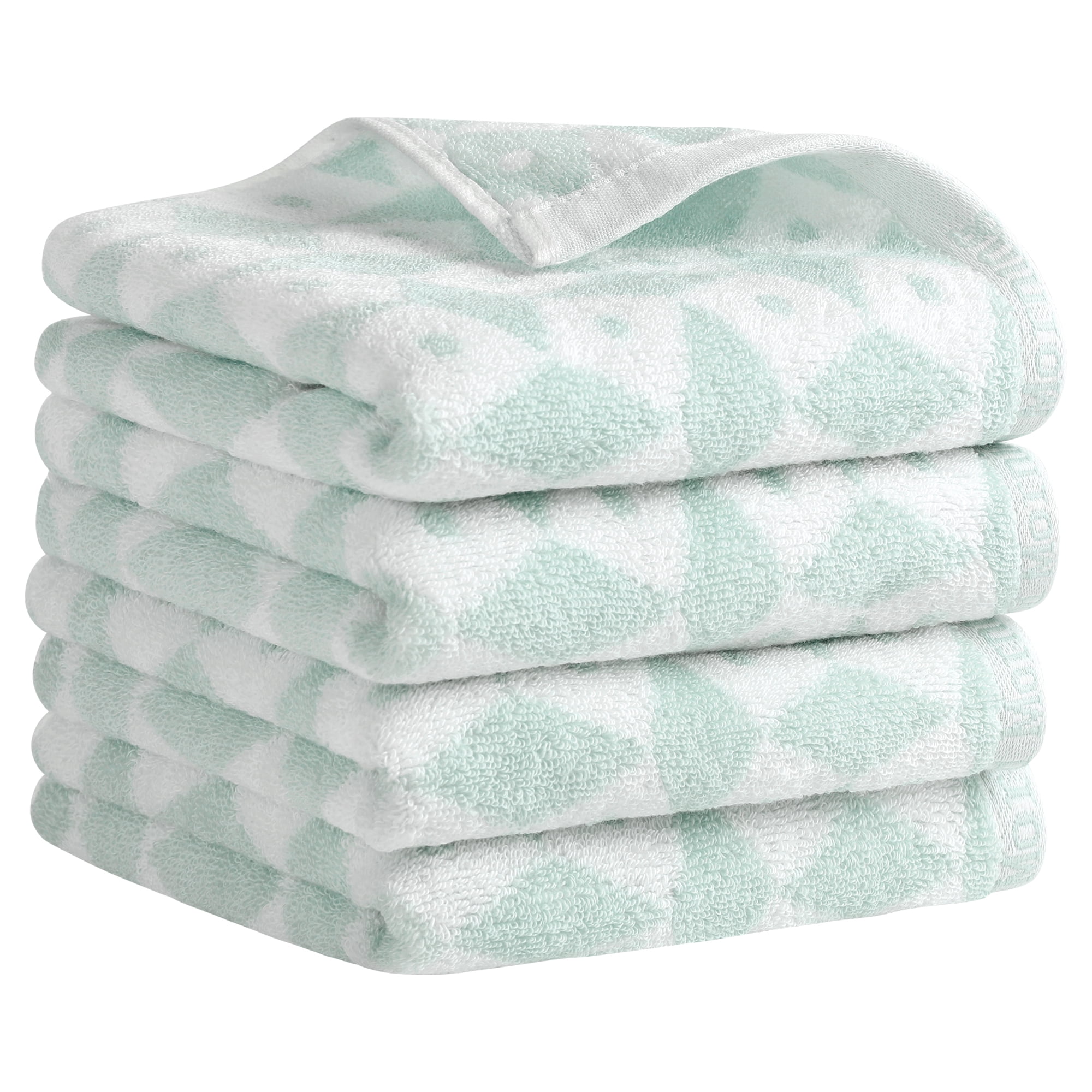 Unique Bargains Geometric Pattern Hand Towels Cotton Kitchen Bathroom Towels Green 4-Piece