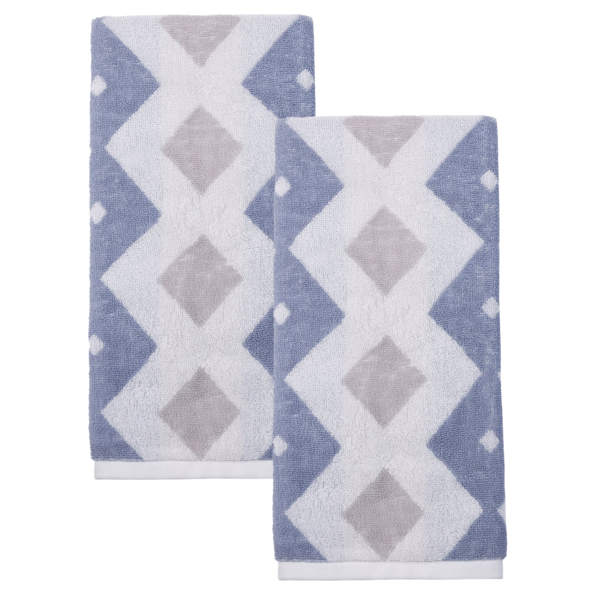 Unique Bargains Geometric Rhombus Cotton Soft Color Block Hand Towel Blue 2pcs 28" x 13"
