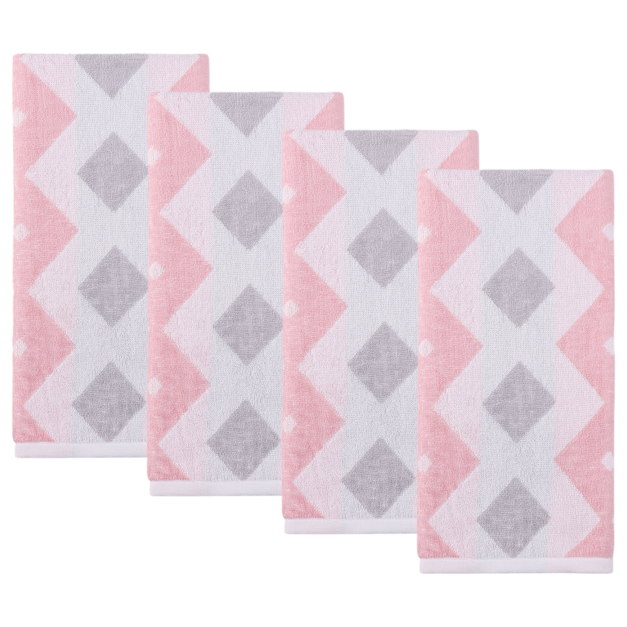 Unique Bargains Geometric Rhombus Cotton Soft Color Block Hand Towel Pink 4pcs 28" x 13"