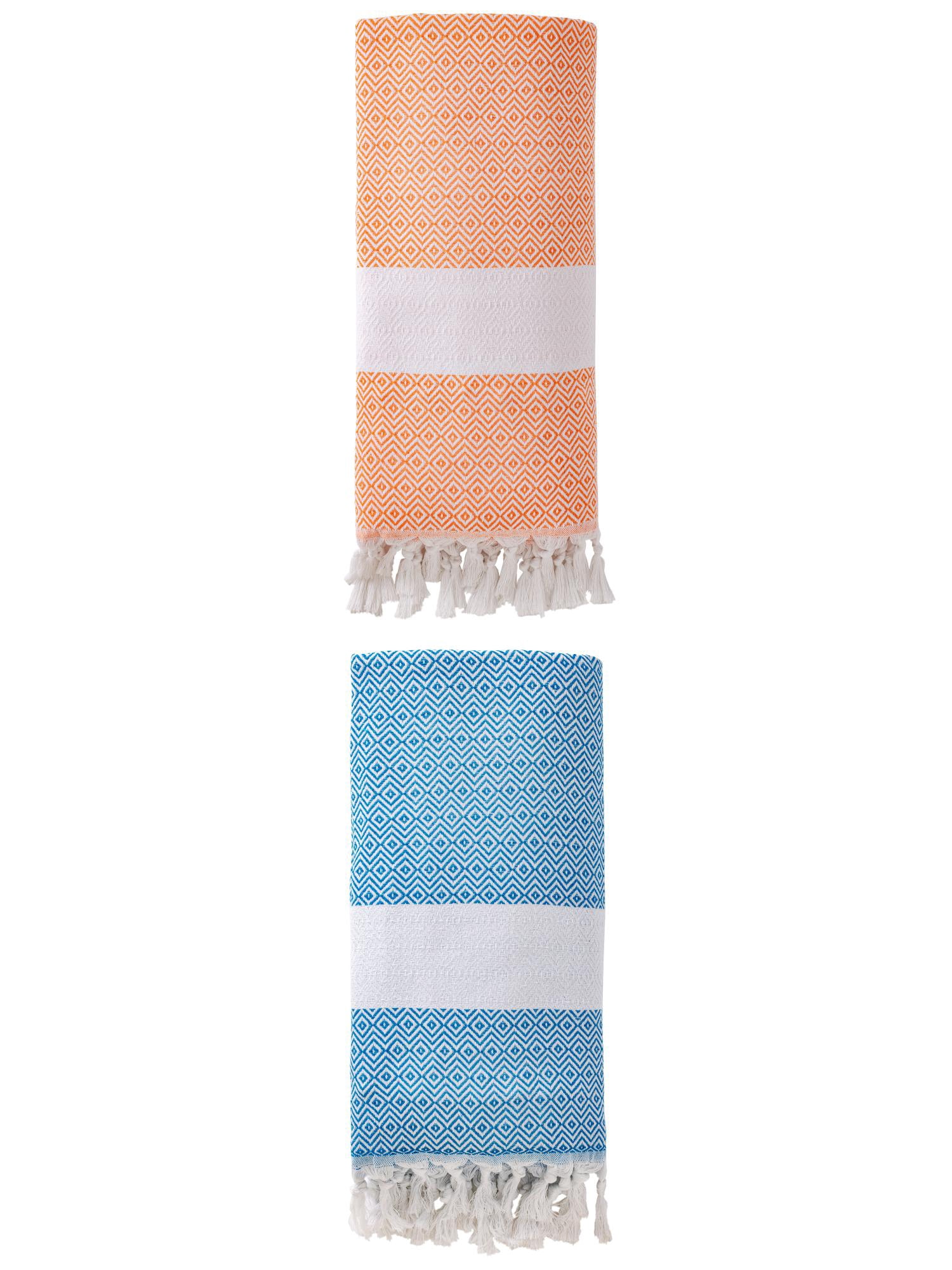 Unique Bargains Geometric Sandproof Quick Dry Turkish Towel Orange/Sky Blue 71"x40"