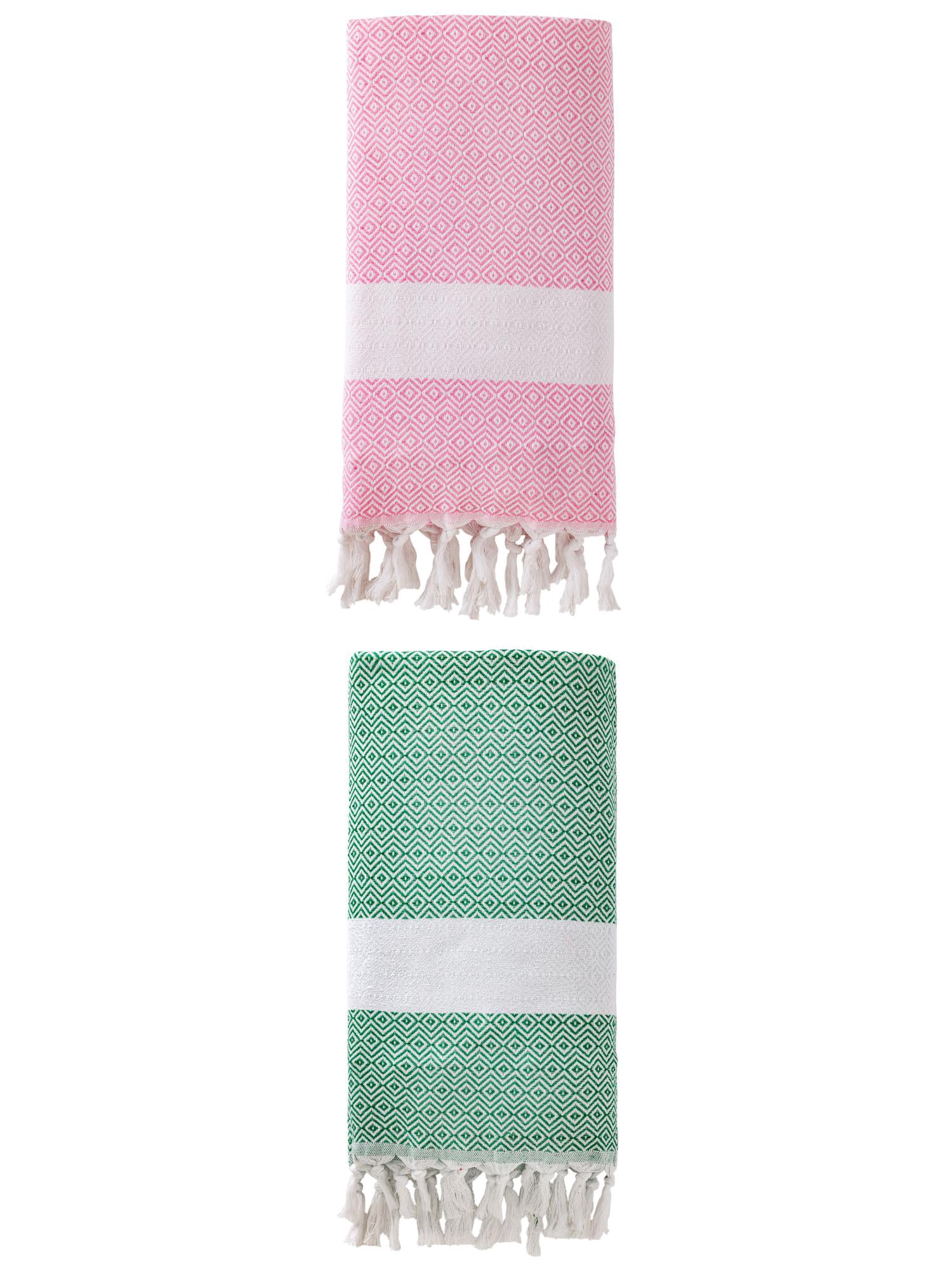Unique Bargains Geometric Sandproof Turkish Beach Towel Pink/Dark Green 71"x40"