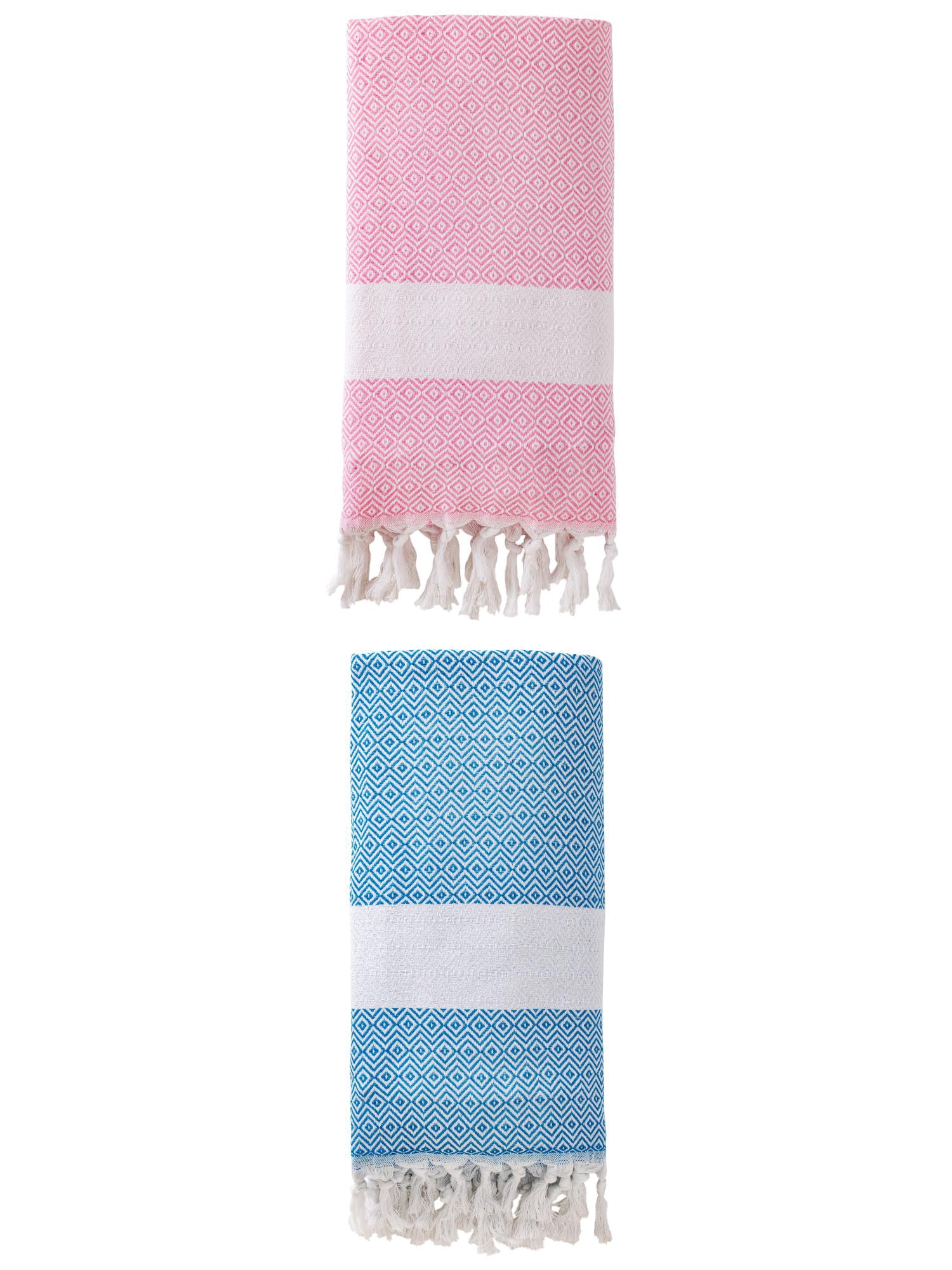 Unique Bargains Geometric Sandproof Turkish Beach Towel Pink/Sky Blue 71"x40"