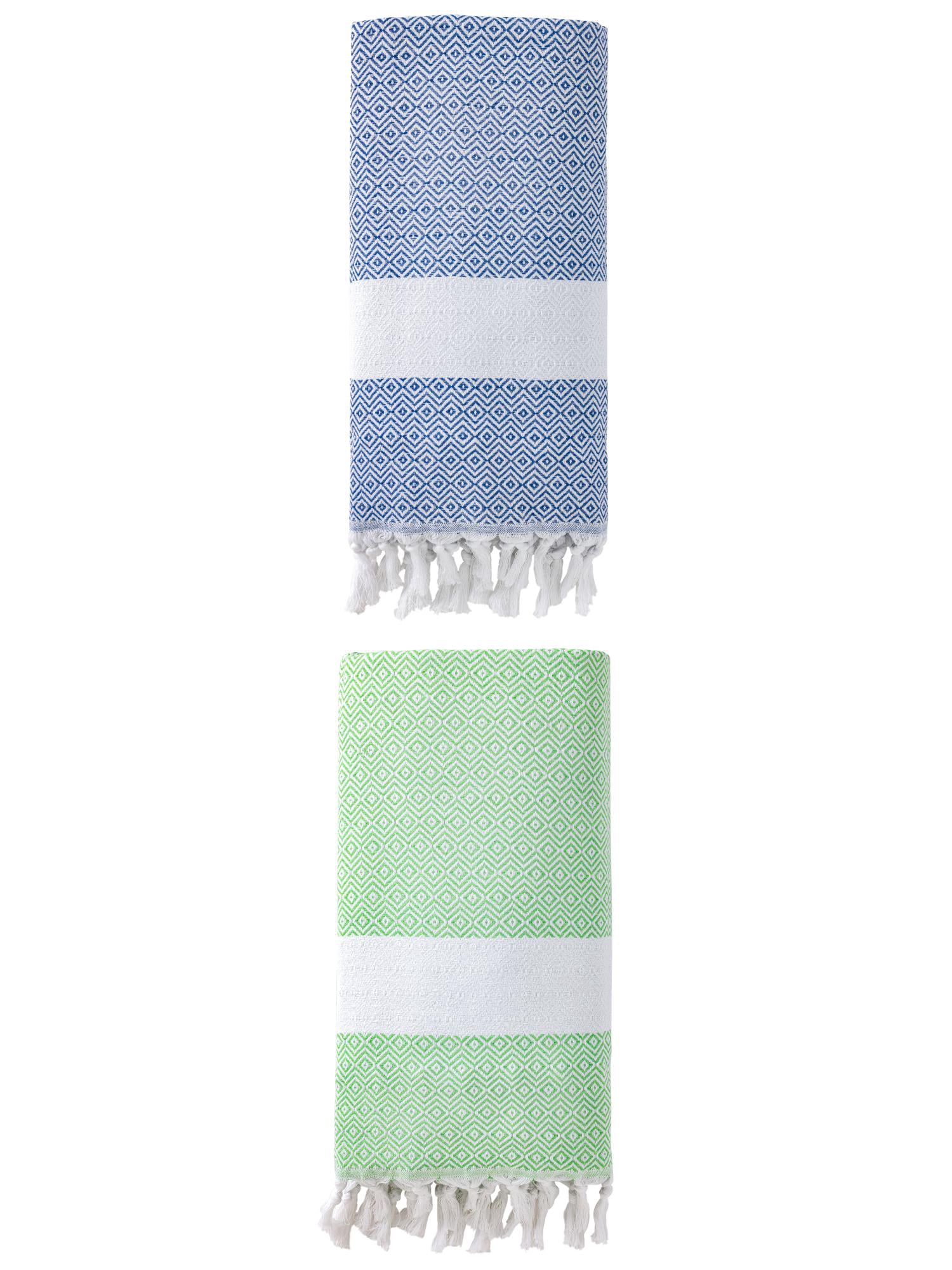 Unique Bargains Geometric Sandproof Turkish Towel 2 Pack Green/Blue 71"x40"