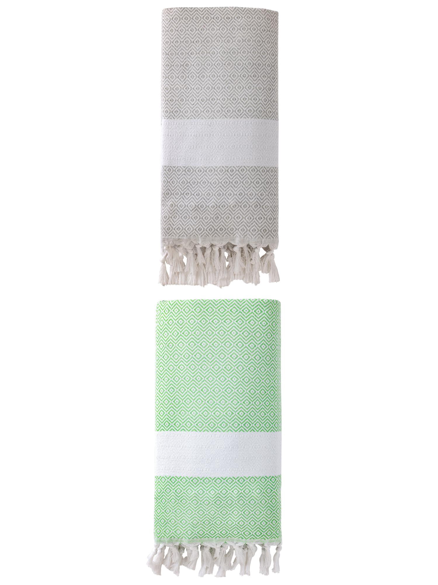 Unique Bargains Geometric Sandproof Turkish Towel 2 Pack Green/Grey 71"x40"