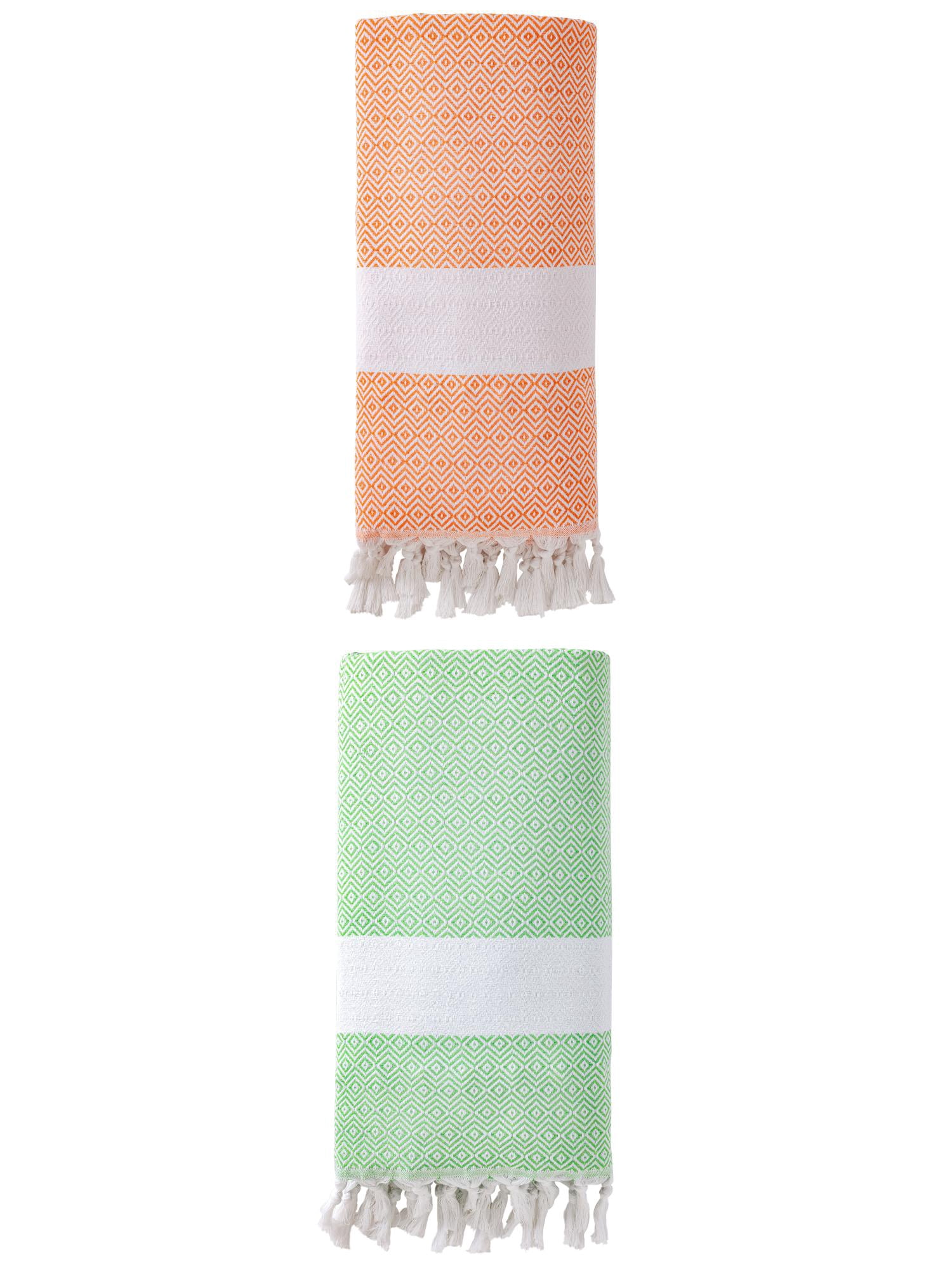 Unique Bargains Geometric Sandproof Turkish Towel 2 Pack Green/Orange 71"x40"