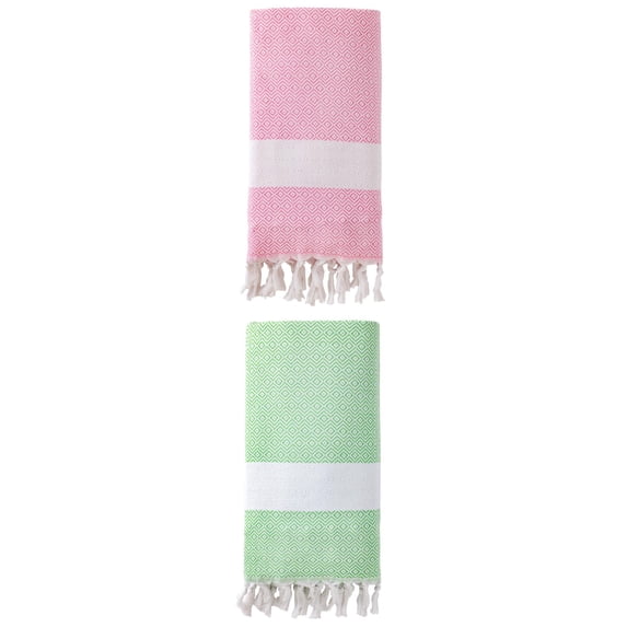 Unique Bargains Geometric Sandproof Turkish Towel 2 Pack Green/Pink 71"x40"