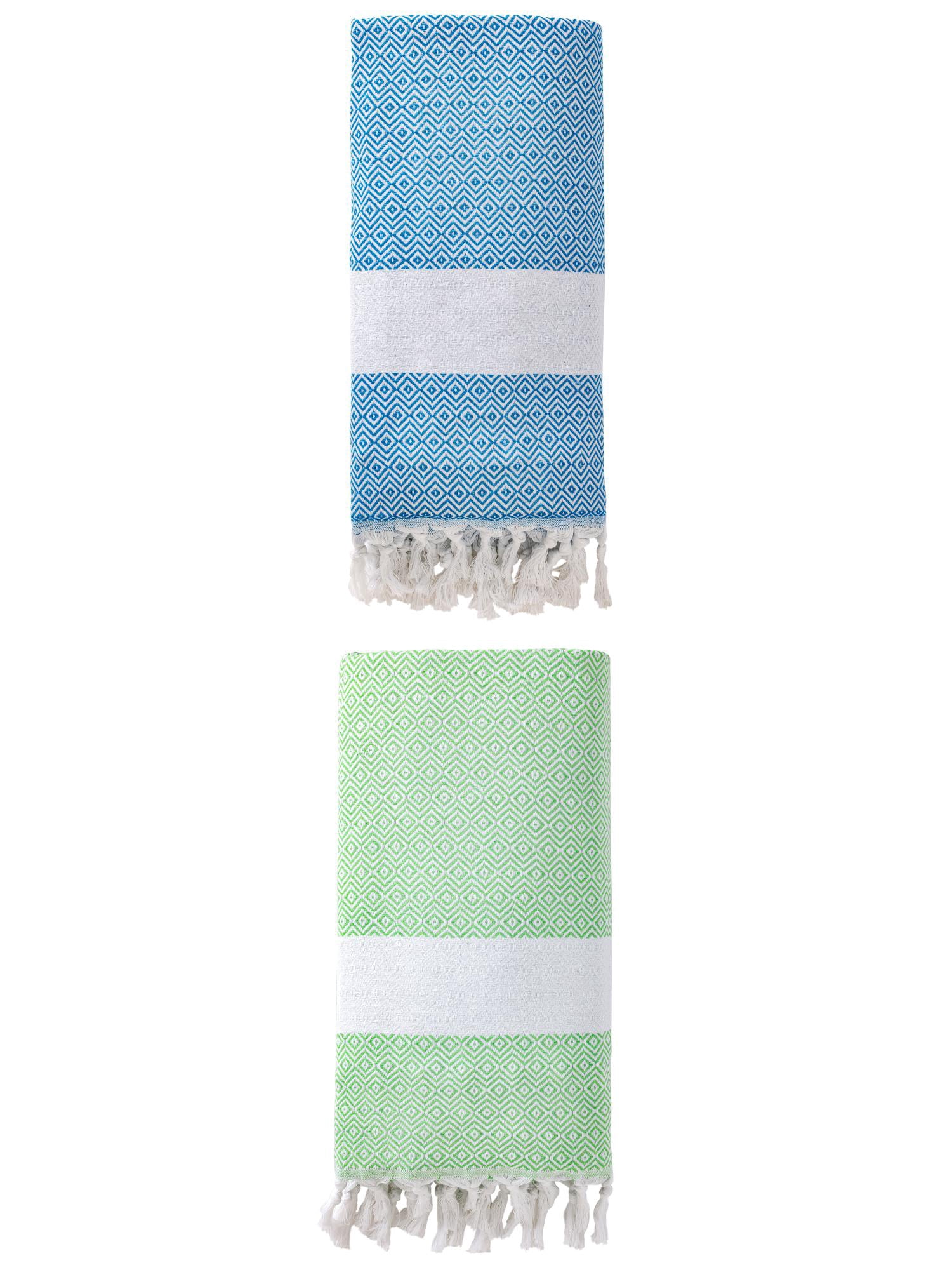 Unique Bargains Geometric Sandproof Turkish Towel 2 Pack Green/Sky Blue 71"x40"