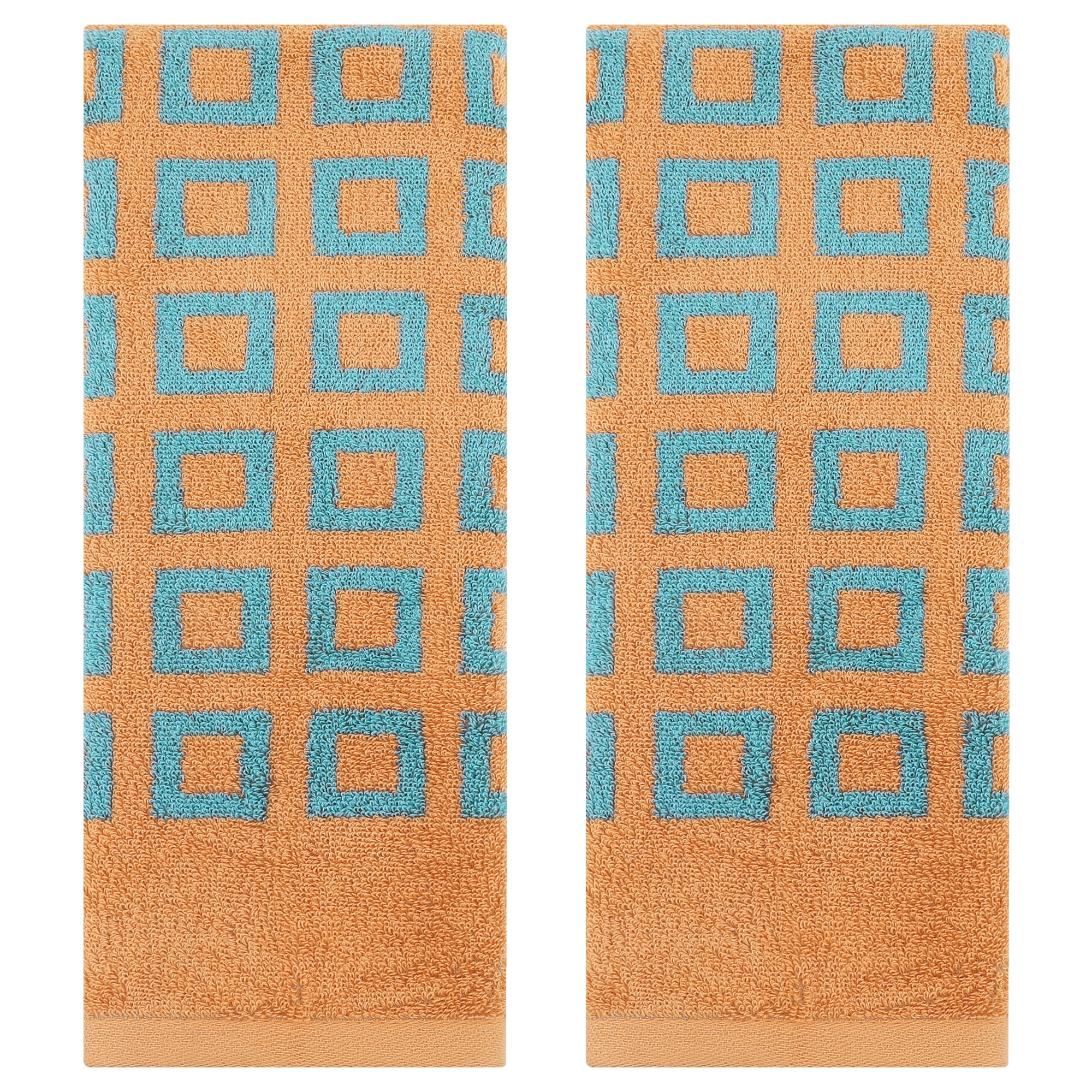Unique Bargains Geometry Patterned Cotton Hand Towels Brown 2 Pcs