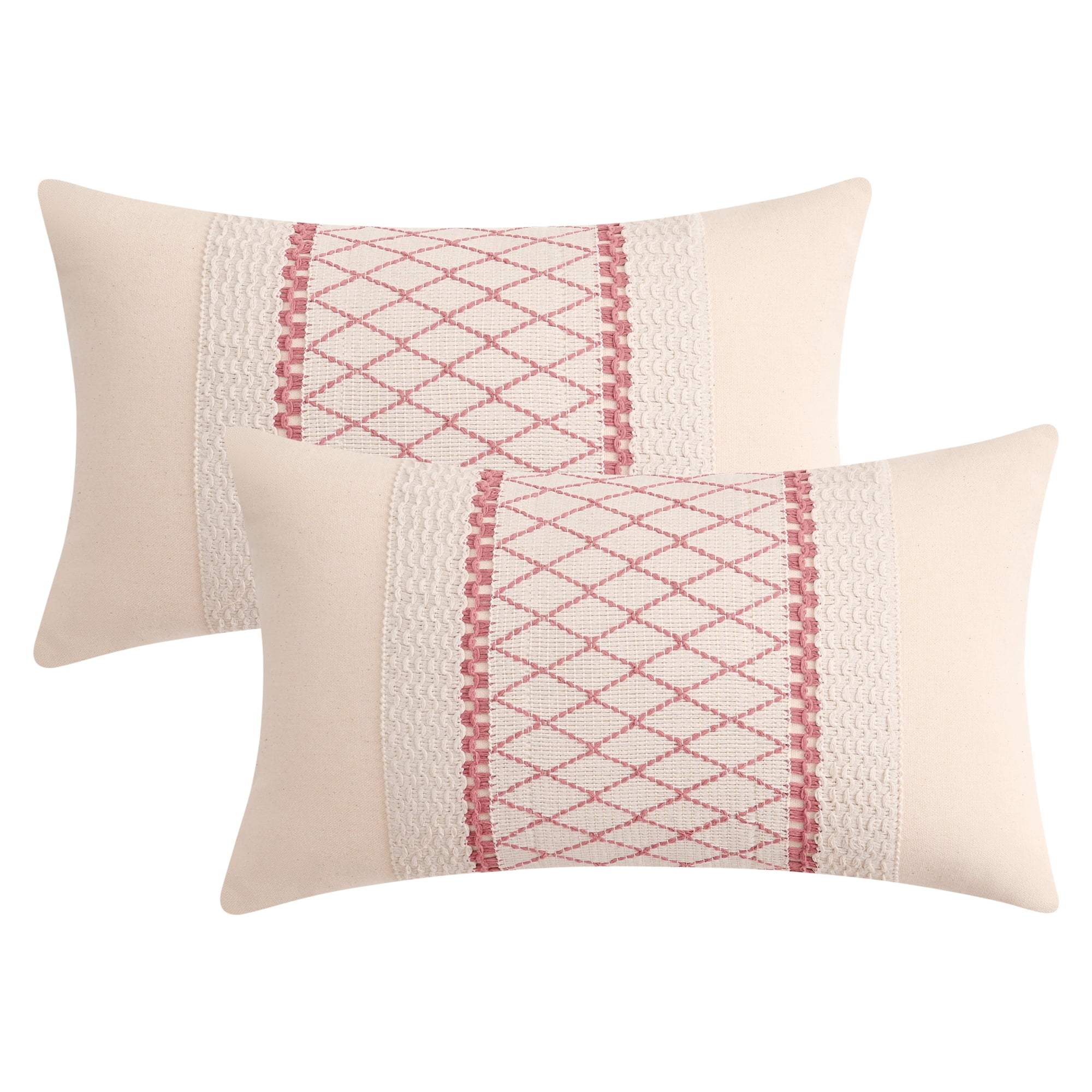Unique Bargains Geometry Weave Patchwork Pillow Covers Set of 2 Pink 12" x 20"