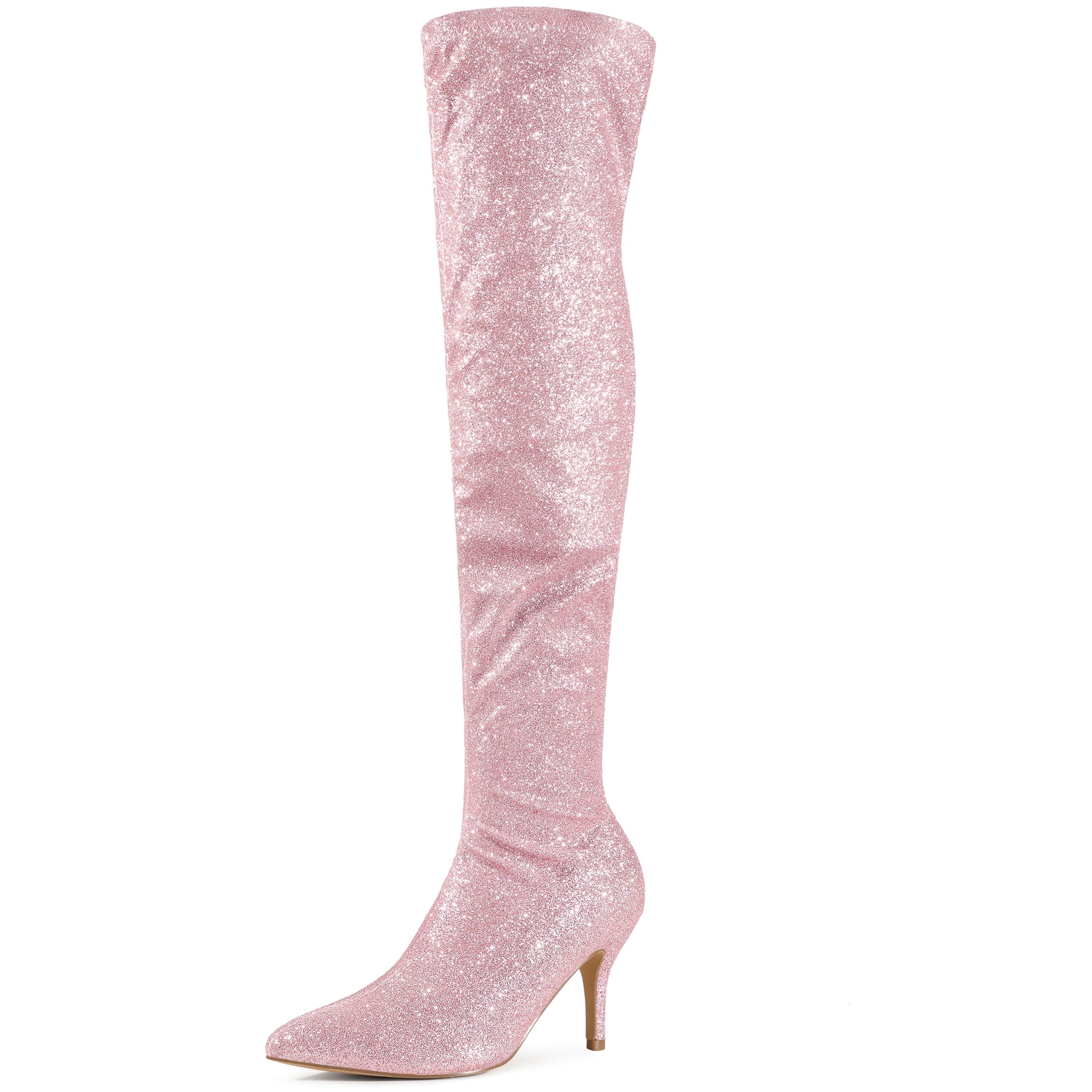 Unique Bargains Glitter Pointed Toe Stiletto Heels Over the Knee Boots for Women
